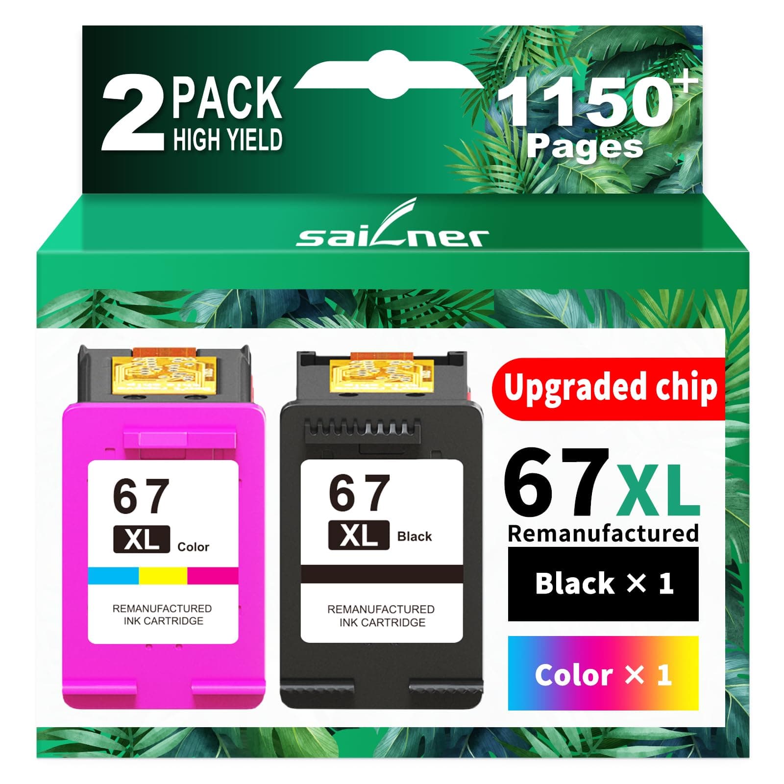 SAILNER 67XL Ink Cartridges Black/Color Combo Pack Replacement for HP Ink 67 HP67XL (2-Pack High Yield) Compatible with HP DeskJet 2755e 2855e 2700e 4155e 2734e 2827e 4100e Envy 6055 6455e Printer
