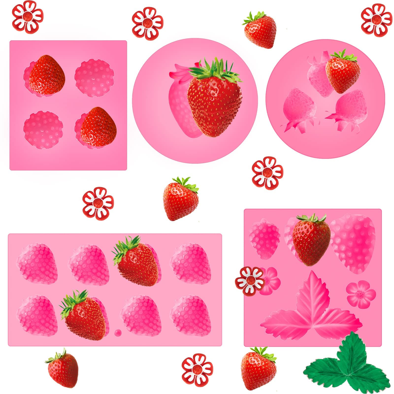 Suclain 5 Pcs 3D Strawberry Baking Mold Silicone Handmade Candy Jelly Bakeware Flower Strawberry Embed Silicone Fruit Shape Pastry Mold for Soap Wax Chocolate Fondant Ice Cream Cupcake Cake Decor