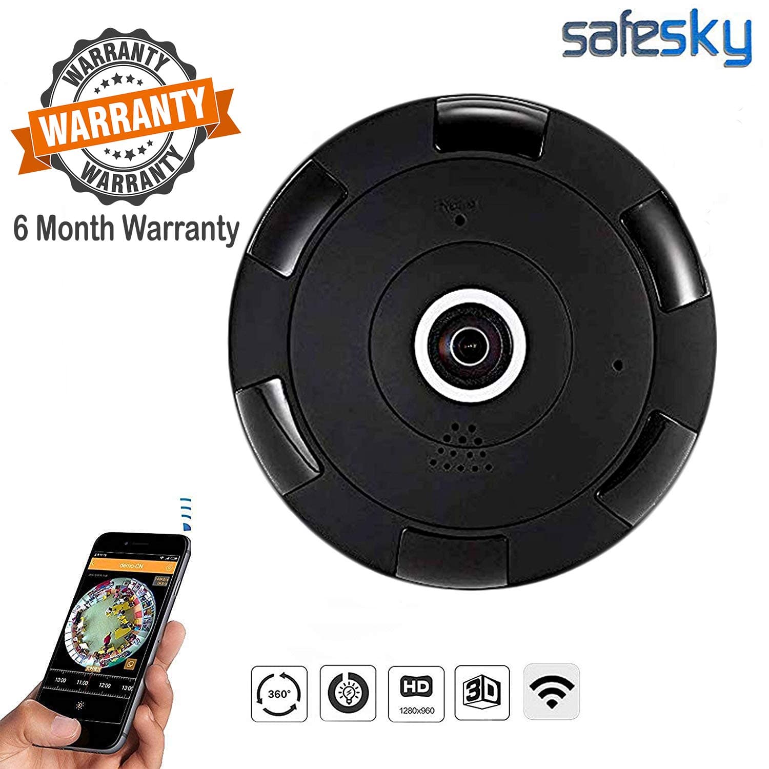 Safesky Wireless 360° Panoramic Camera with Night Vision 1.3MP Full HD (Support Up to 64 GB SD Card) (Black)
