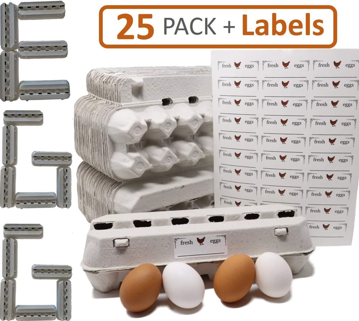 Egg Cartons - 25 Bulk Pack - 30 Bonus Quality Blank Labels of multi temp vinyl material, 100% recycled pulp biodegradable material, holds one dozen eggs, multi-use, sturdy, bulk cheap egg carton