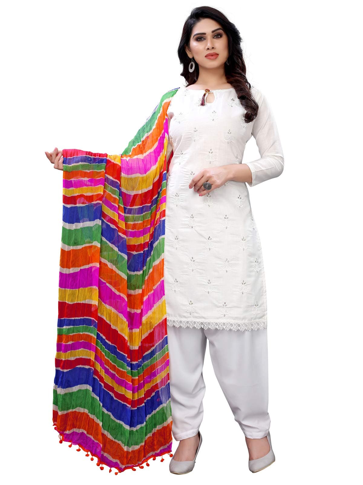 Satrani ಮಹಿಳೆಯರ ಹತ್ತಿ ಕಸೂತಿ ಮತ್ತು ಅಲಂಕರಣ ಕೆಲಸ ಹೊಲಿಯದ ಡ್ರೆಸ್ ಮೆಟೀರಿಯಲ್ (1021DT245, ಬಿಳಿ)