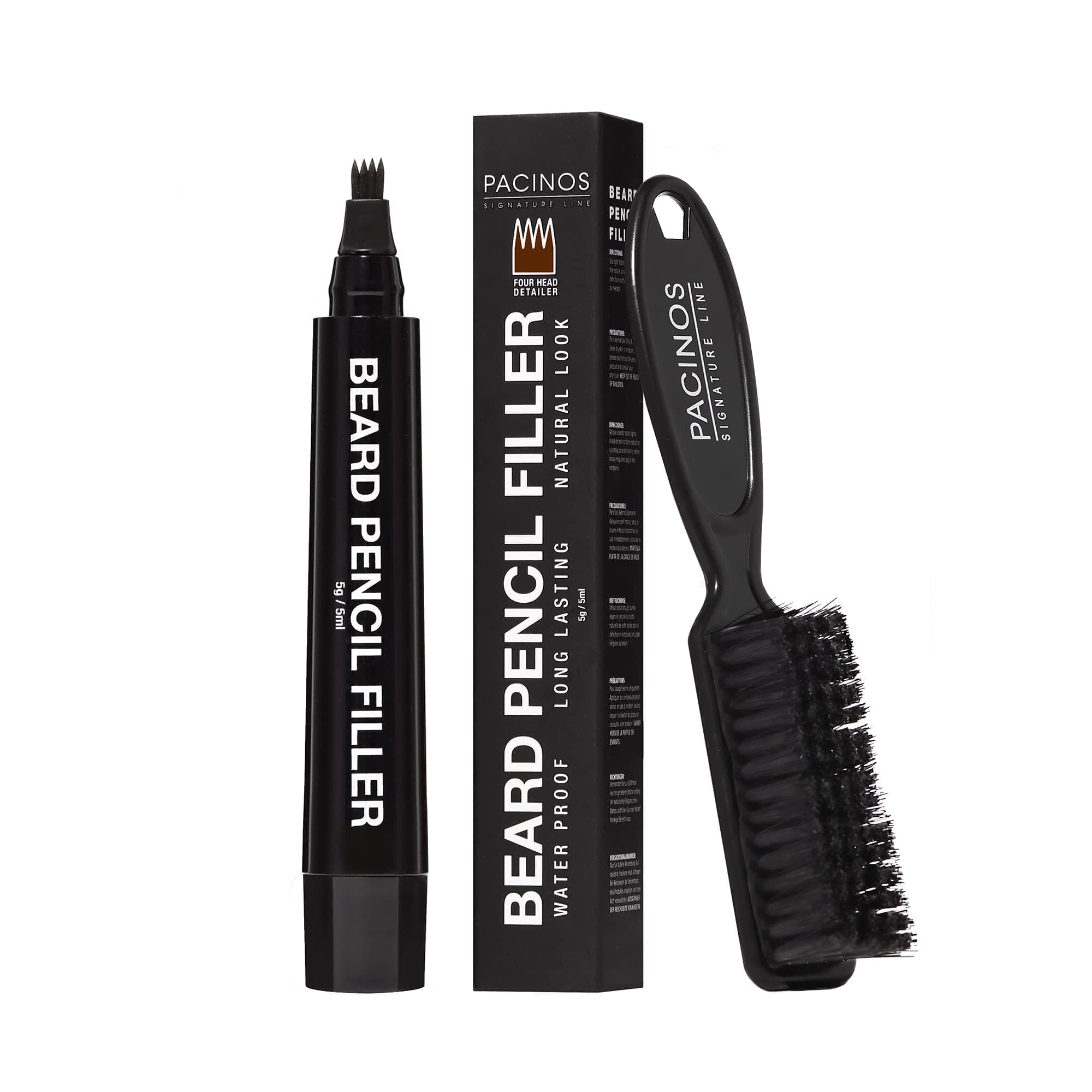Pacinos Beard Pencil Filler - Water Proof, Long Lasting Coverage & Natural Finish - Beard, Moustache & Eyebrows - Micro-Fork Tip for Seamless Application - Bristle Brush Included (Dark Brown)