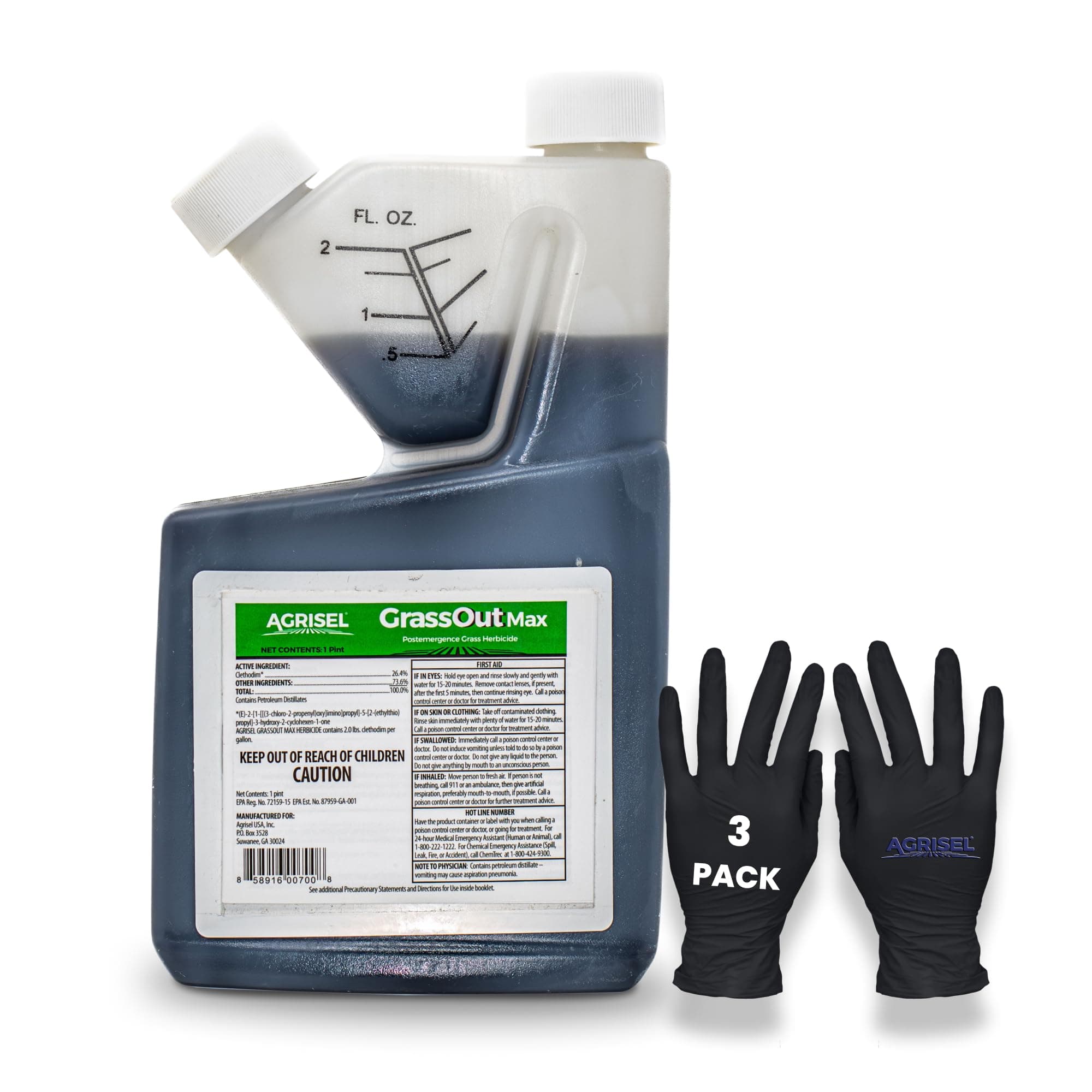 GrassOut Max Weed Killer, Targets 50+ Grassy Weeds Without Harming Desired Plants, Pet Safe, Large Area Treatment, Easy Application, Includes 3-Pack of Agrisel Protective Gloves, 16 Ounces