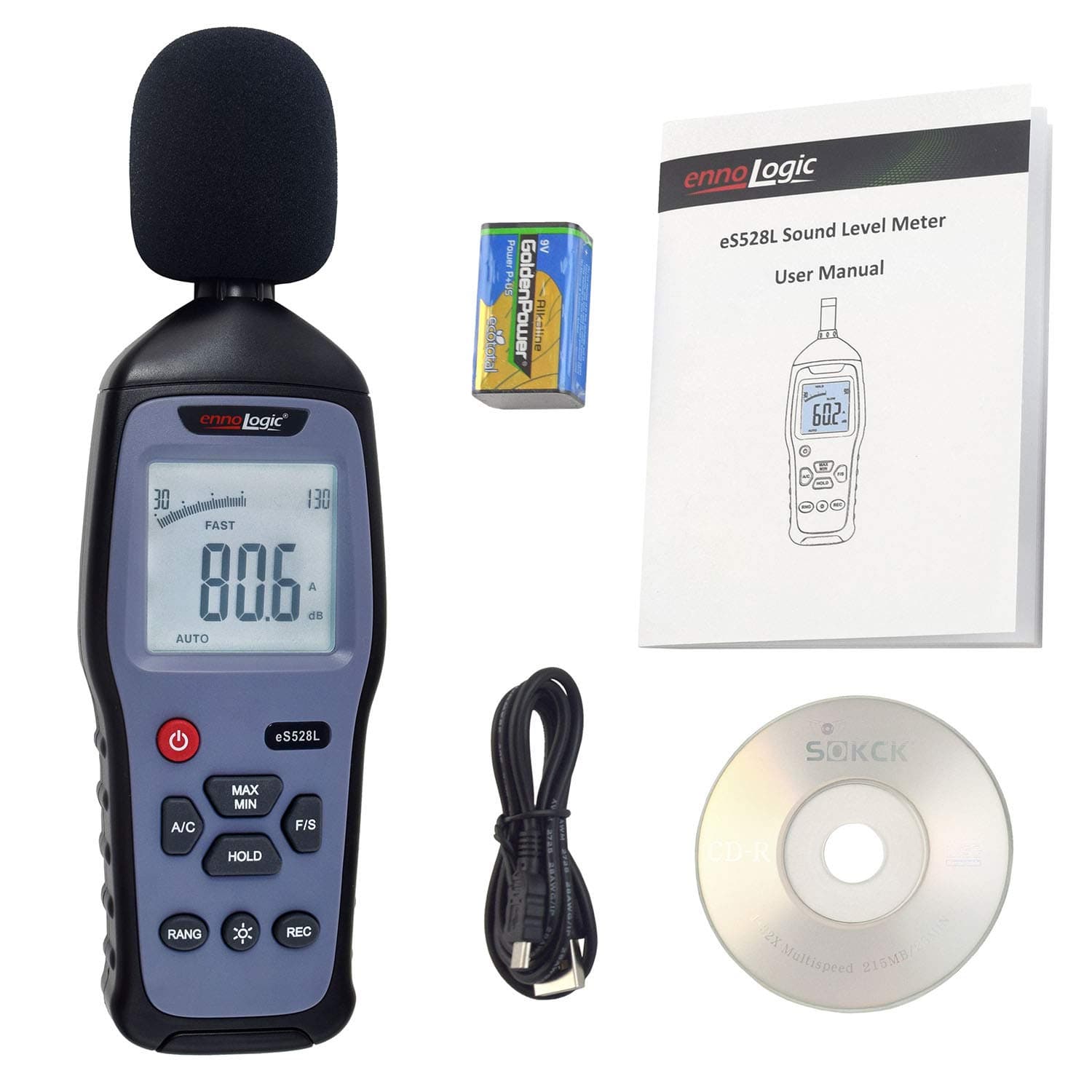 eS528L Decibel Meter and Recorder by ennoLogic – Digital Sound Level Meter and Noise Logger – Max/Min/Hold, 30-130 dBA Range, Updated Software