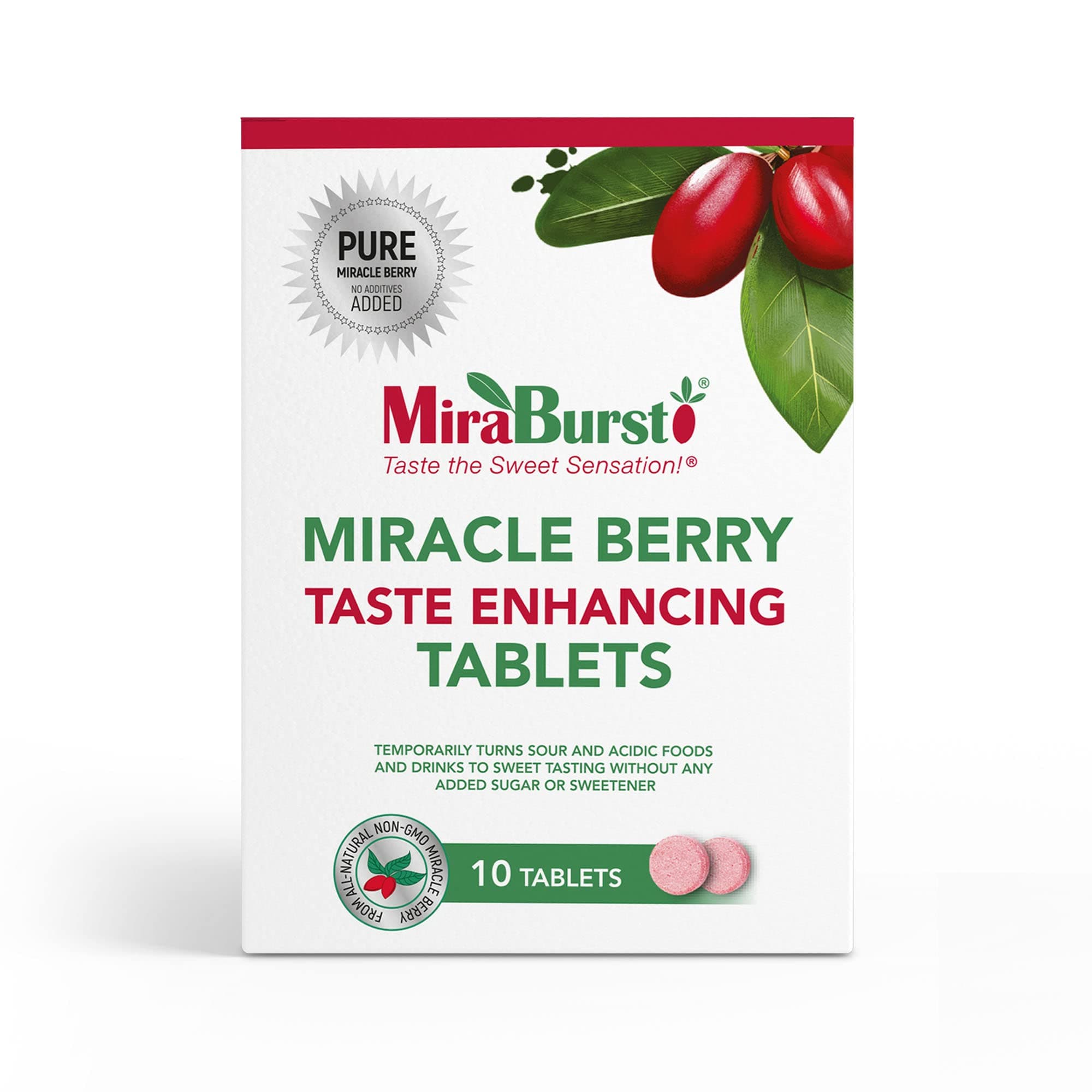 MiraBurst Taste Enhancing Miracle Berry Tablets (20 Count), Produced from 100% Pure Miracle Fruit Powder, No Additives, No Preservatives, Non-GMO, Vegan, Turns Sour and Acidic Food and Drinks Sweet