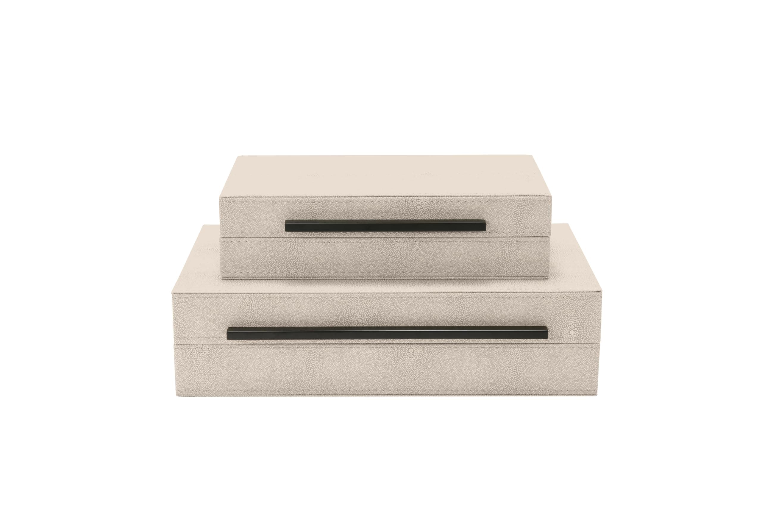 Sagala Set of 2 Ivory Shagreen Decorative Boxes With Black Metal Handles, Faux Leather Jewelry Boxes Modern Storage Boxes Photo Boxes Memory Boxes Home Organizer Box(Ivory)