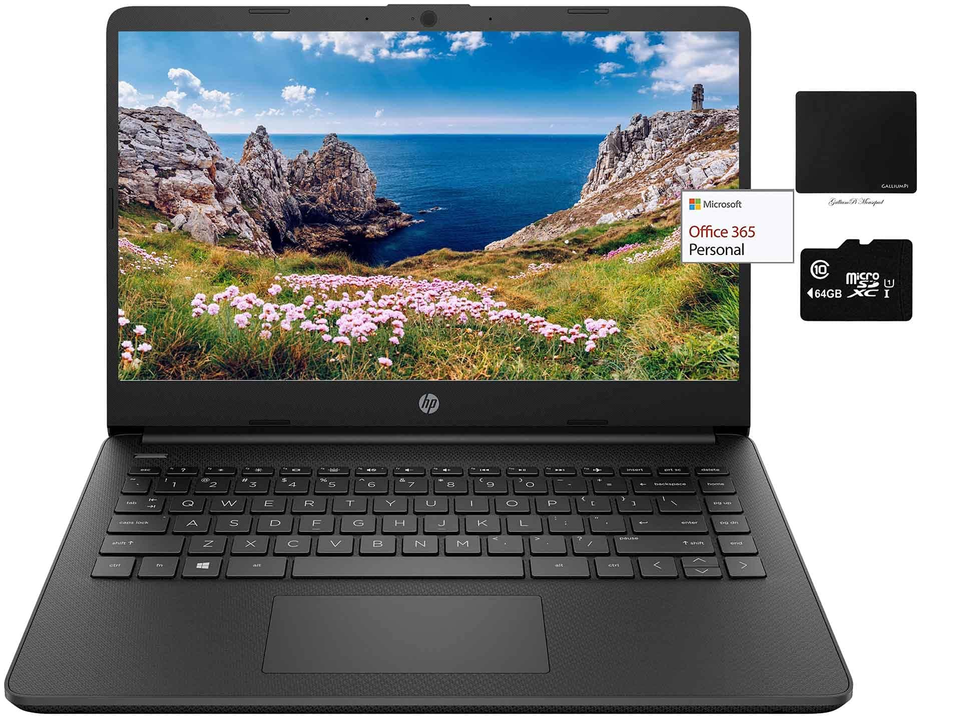 Newest HP 14in Thin Light Laptop, Intel Dual-Core N4020, 8GB RAM, 128GB Storage(64GB eMMC+Micro SD), 1Yr Office, Win 10 Bundle w/ GalliumPi Mousepad (Black)