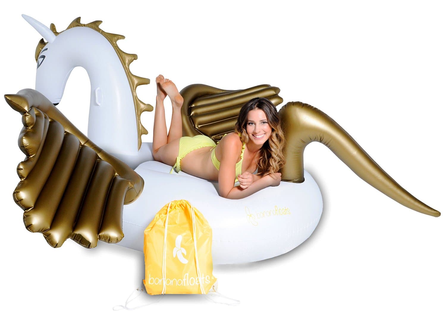 Pegasus Pool Float with Travel Bag - Gold Giant Inflatable Swan Swimming Float for Pool Party - Raft Pool Floaty Inner Tube Unicorn Float for Adults and Kids by BananaFloats