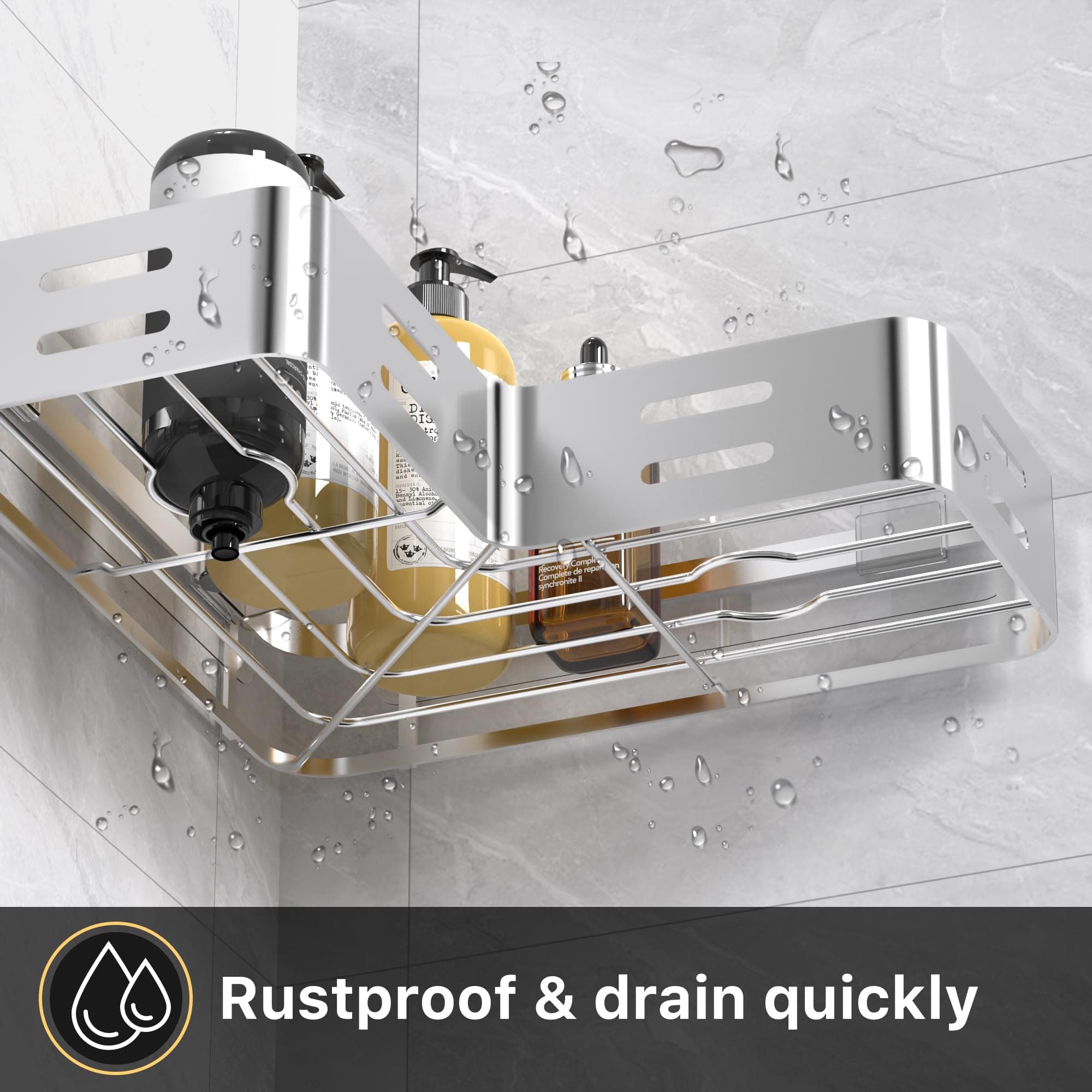 Corner Shower Caddy, No Drilling Bathroom Storage with Razor Holder, 2 Hooks, Organiser (Silver)