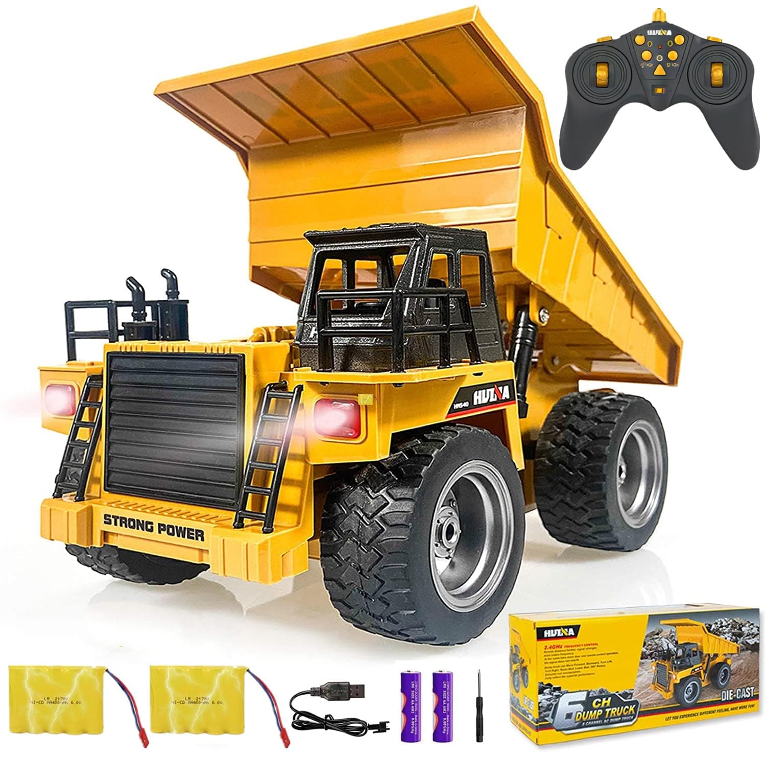 HuiNa Remote Control Construction Dump Truck Toy 2.4G RC 6 Channel Bulldozer 4 Wheel Driver Mine Construction Alloy Metal Vehicle Truck 1:18 with 2 Rechargeable Batteries for Boys Birthday Xmas Gift