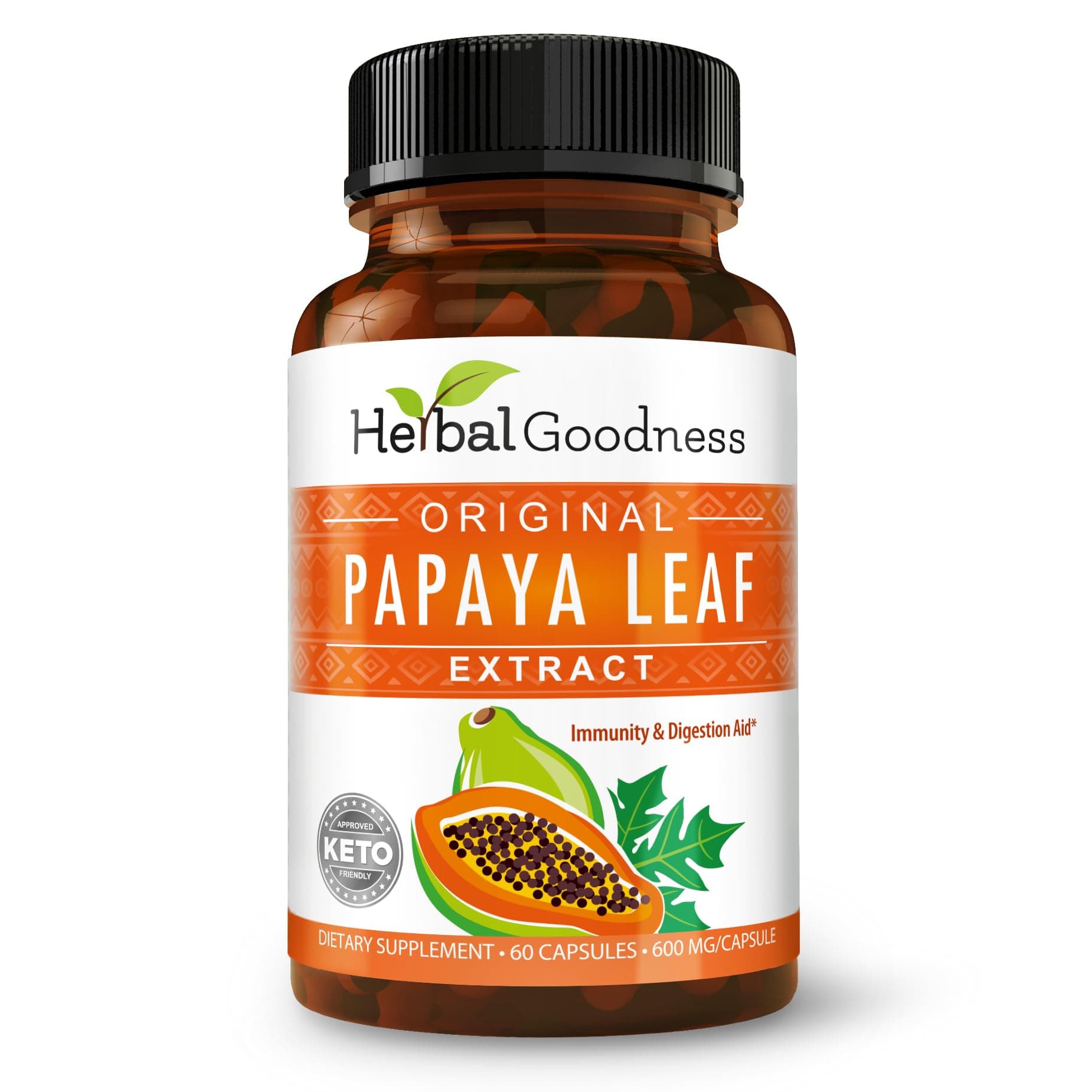 Papaya Leaf Extract - Natural Blood Platelet Level Boost, Bone Marrow Support, Immune Gut & Digestive Enzymes Health - 10:1 Strength - 60/600mg Veggie Capsules - Made in USA by Herbal Goodness