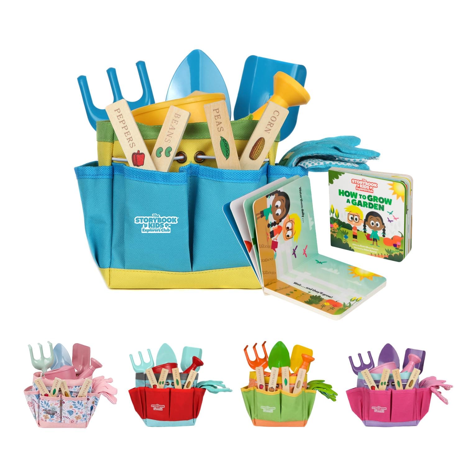 Blue Kids Gardening Tools - Includes Sturdy Tote Bag, Watering Can, Gloves, Shovels, Rake, and Delightful Children's Book - Kids Garden Tool Set -Easter Gifts for Toddler Age on up.