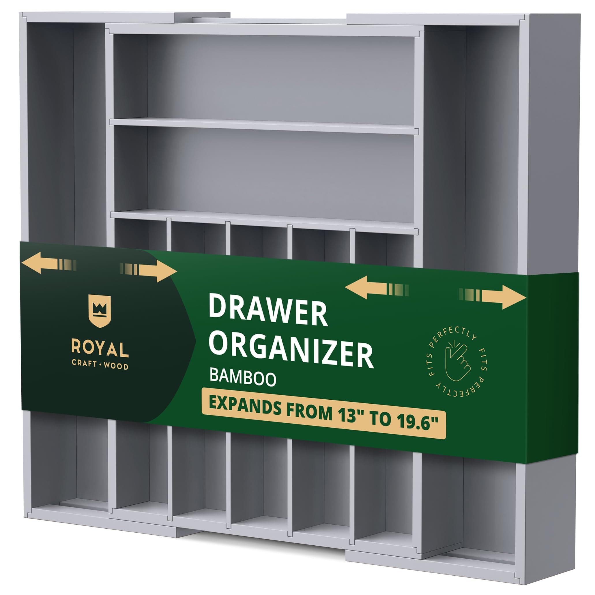 ROYAL CRAFT WOOD Luxury Bamboo Kitchen Drawer Organizer - Silverware Organizer - Utensil Holder and Cutlery Tray with Grooved Drawer Dividers for Flatware and Kitchen Utensils (9 Slot, Gray)