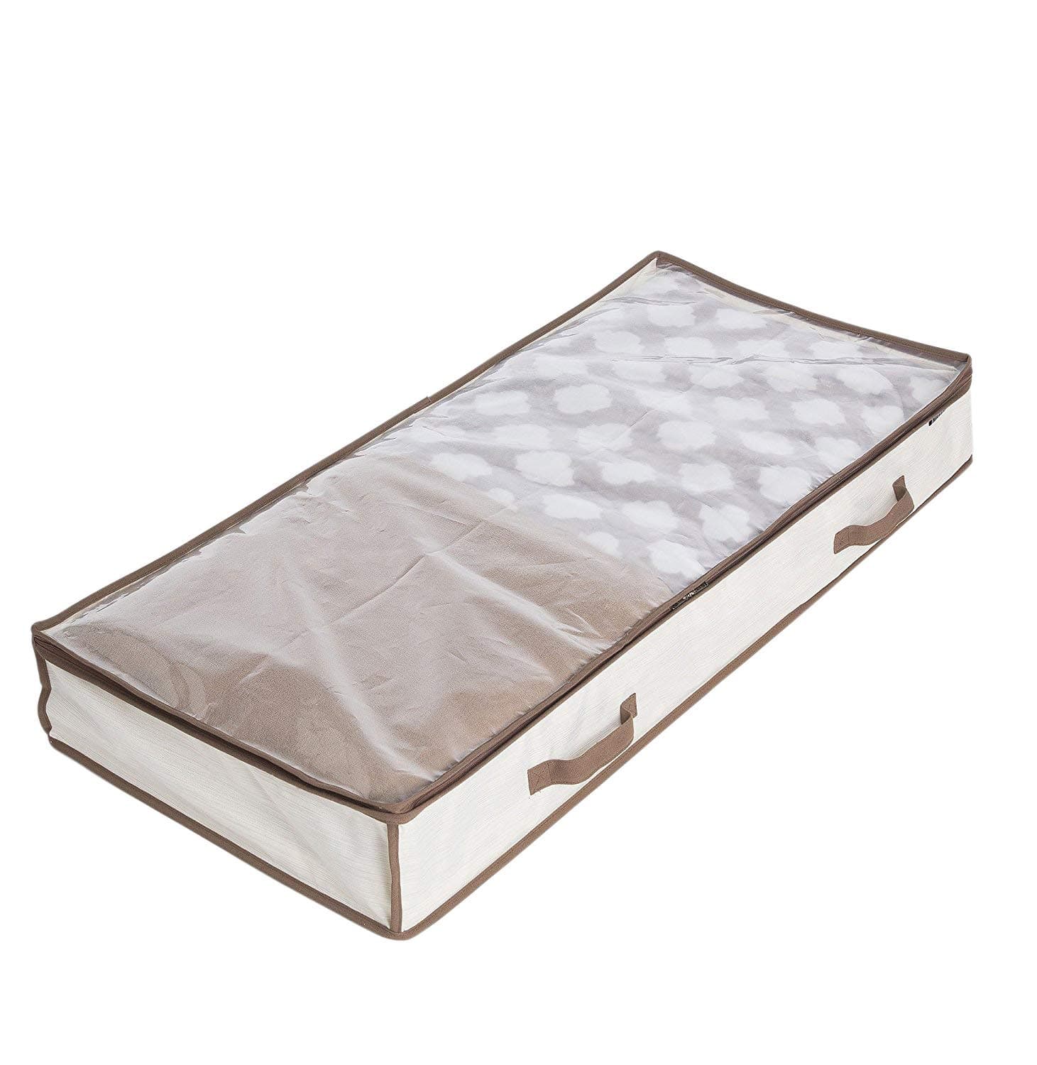 WANNAKEEP Zippered Under Bed Storage Organizer, Breathable Polyester and Cotton Storage Bag for Blankets Clothes, Shoes, and Linens 17.5 x 41.5 x 5.5 inches, Beige