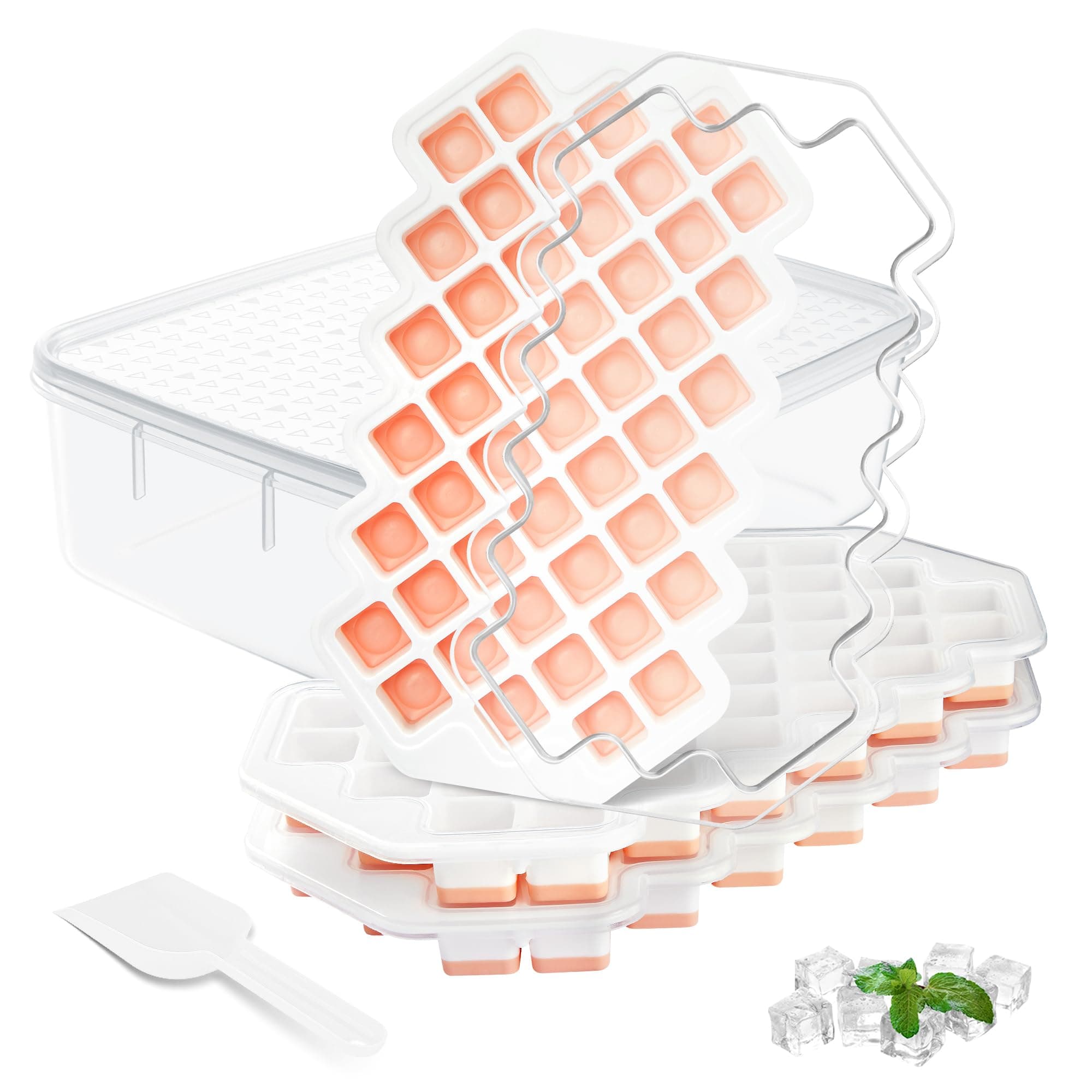 New ice Cube Tray With Lid and Bin, 3 Pack Silicone Plastic Ice Cube Trays for Freezer with Container, 0.8''x135 Square ice Trays for Chilled Drinks Coffee Juice, Stackable ice Tray PBA free (4)