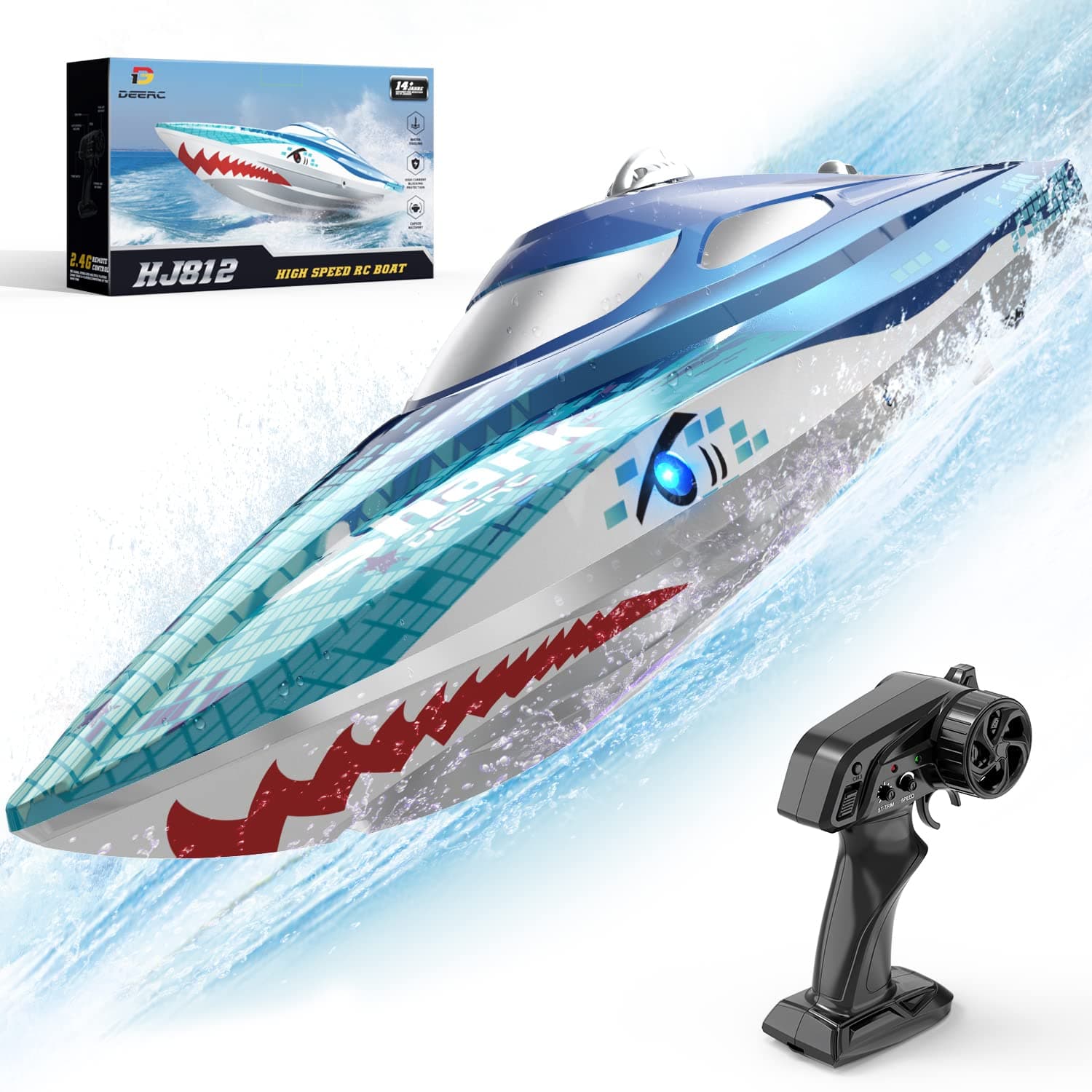 Full Proportional Remote Control Boat with LED Lights, Shark Graffiti, 20+ MPH,2.4GHz High Speed RC Racing Boats for Lakes,Pool Toys for Kids & Adults