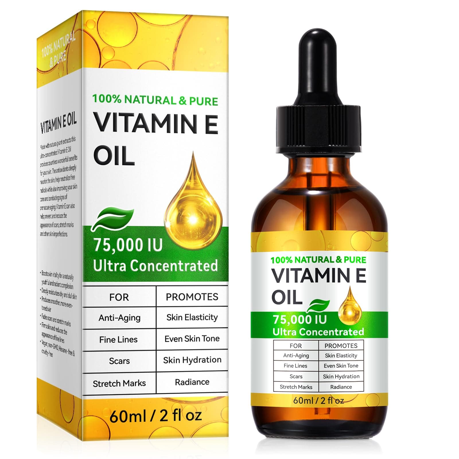 Pure Vitamin E Oil for Skin and Face, Vitamin E Oil 75,000 IU, Gua Sha Massage Body Oil for Moisturizing Dry Skin, Reduce Fine Lines | Non-GMO, 60ml