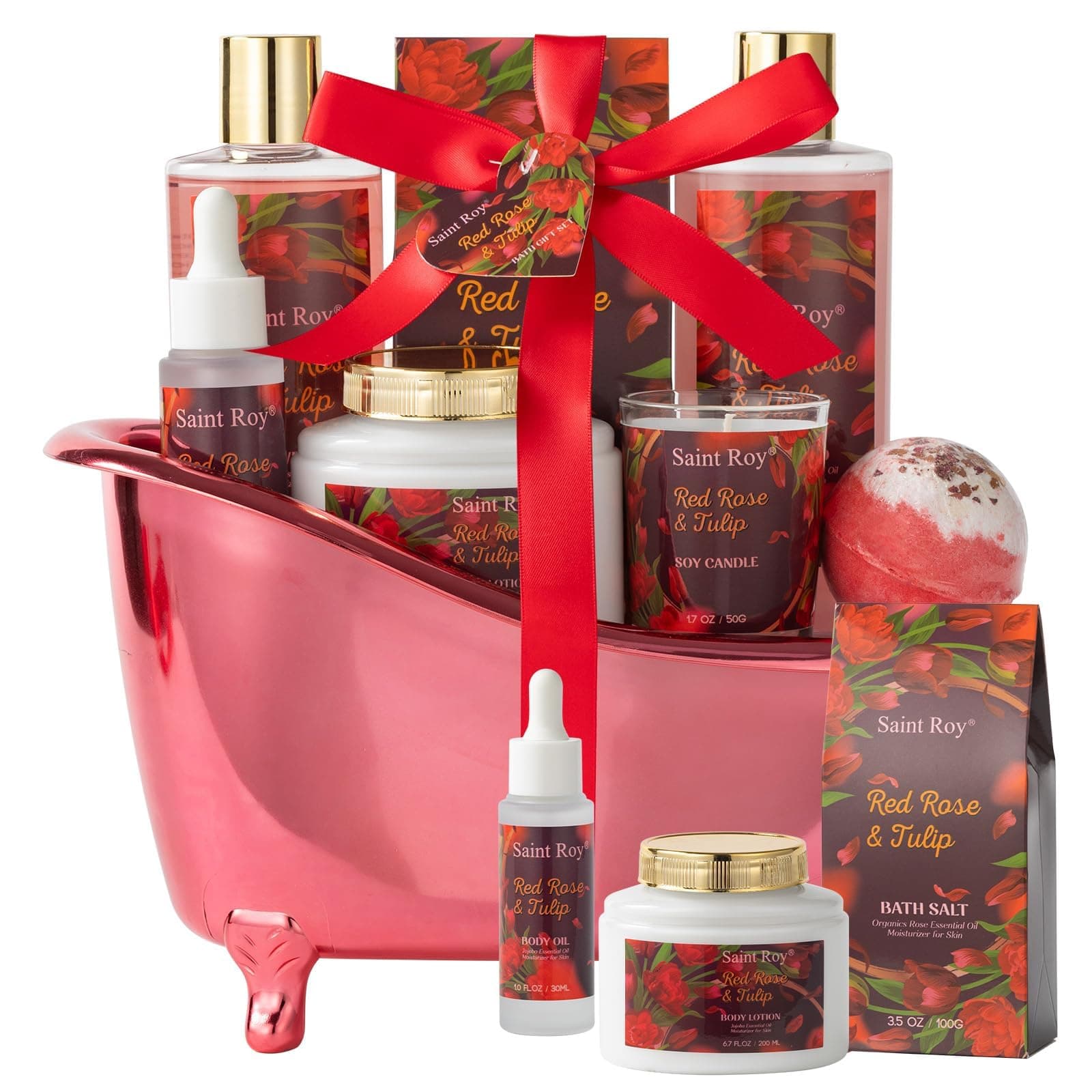 Mother's Day Spa Gift Set, Spa Baskets with Red Roses and Tulips for Women and Men, Contains Essential Oil, Bubble Bath, Body Lotion, Bath Salt, Candle