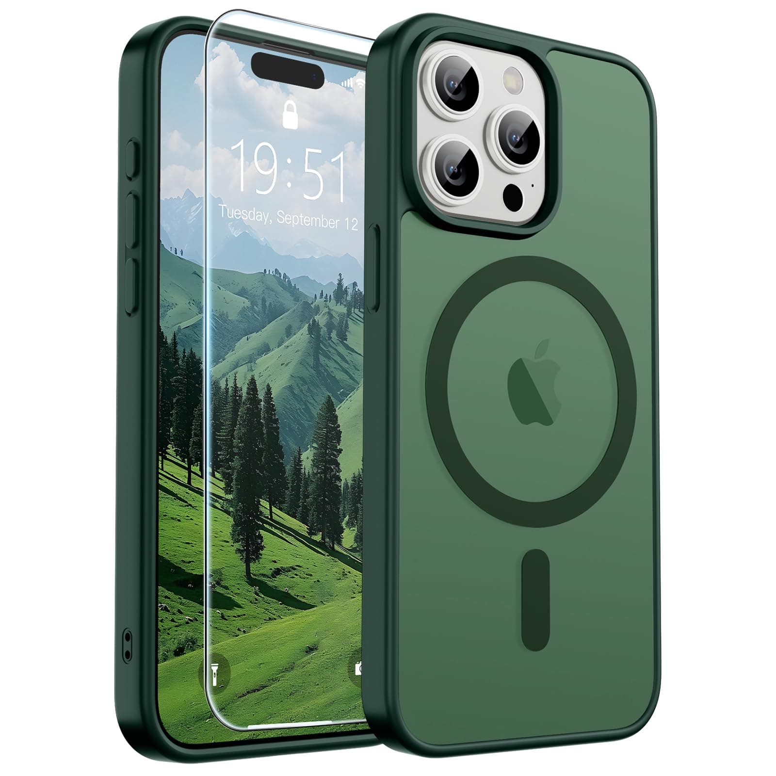 SUPFINE Magnetic for iPhone 15 Pro Max Case (Compatible with MagSafe) (Military Grade Drop Protection) Slim Translucent Matte Shockproof with Anti-Fingerprint Phone Case, Forest Green
