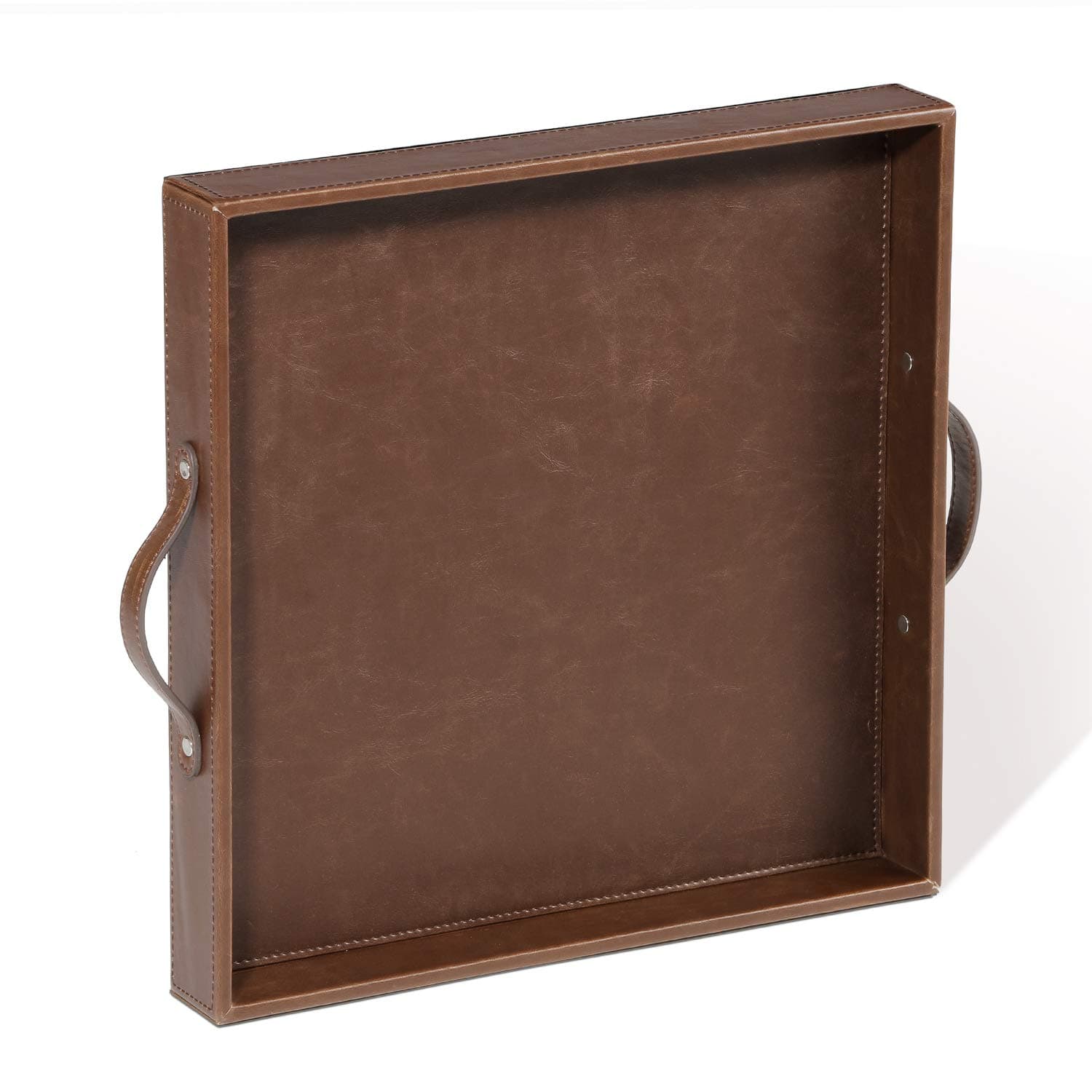 Ranslen Serving Tray with Handles,Square PU Leather Ottoman Tray for Home or Office, Drinks, Snack for Coffee Table, Home Decorative 15-inch, Brown