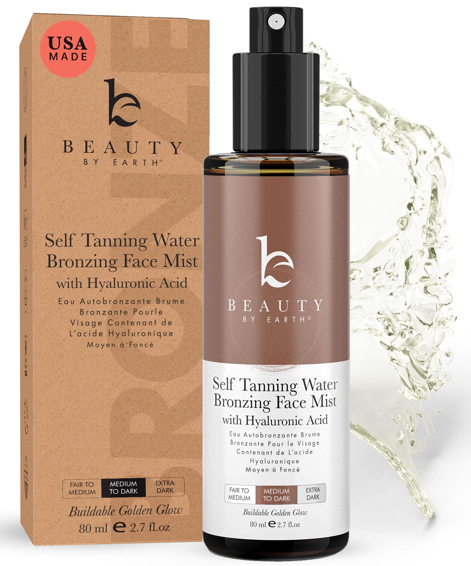 Bronzing Face Tanner Spray Mist, Sunless Face Tanning Water, USA Made with Natural & Organic Ingredients