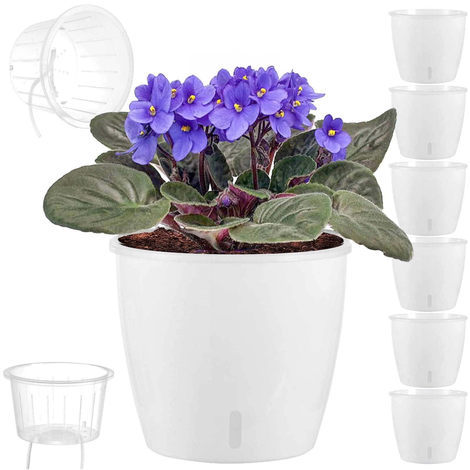 - Self Watering Pots for Indoor Plants, 6-Pack 6.7'' Self Watering Planter with Drainage Holes, Small African Violet Pots with Water Indicator, Clear Wick Orchid Pot, White