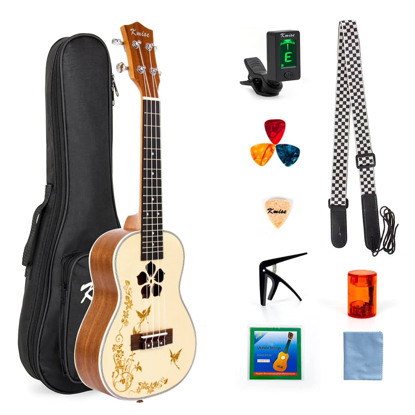 Kmise Concert Ukulele Starter Kit for Beginner Kid Spruce Top Mahogany Ukelele Ukele Uke Hawaii Guitar with Flower Soundhole
