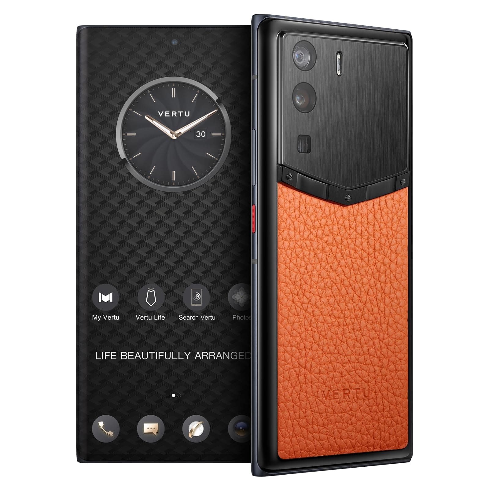 METAVERTU Web 3.0 Calfskin 5G Phone, Unlocked Android Smartphone, Secure Encrypted, Double Systems, 64MP Camera, 144Hz AMOLED Curved Display, Dual SIM, Fast Charge (Full Leather, Orange, 18G+1T)
