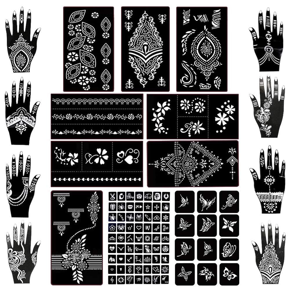 Koogel 18 Sheets Henna Tattoo Stencil Kit, 97 PCS Temporary Glitter Airbrush Flower Tattoo Stencils for Women and Girls Arabian Realistic Tattoo Stickers for Face Paint Body Art
