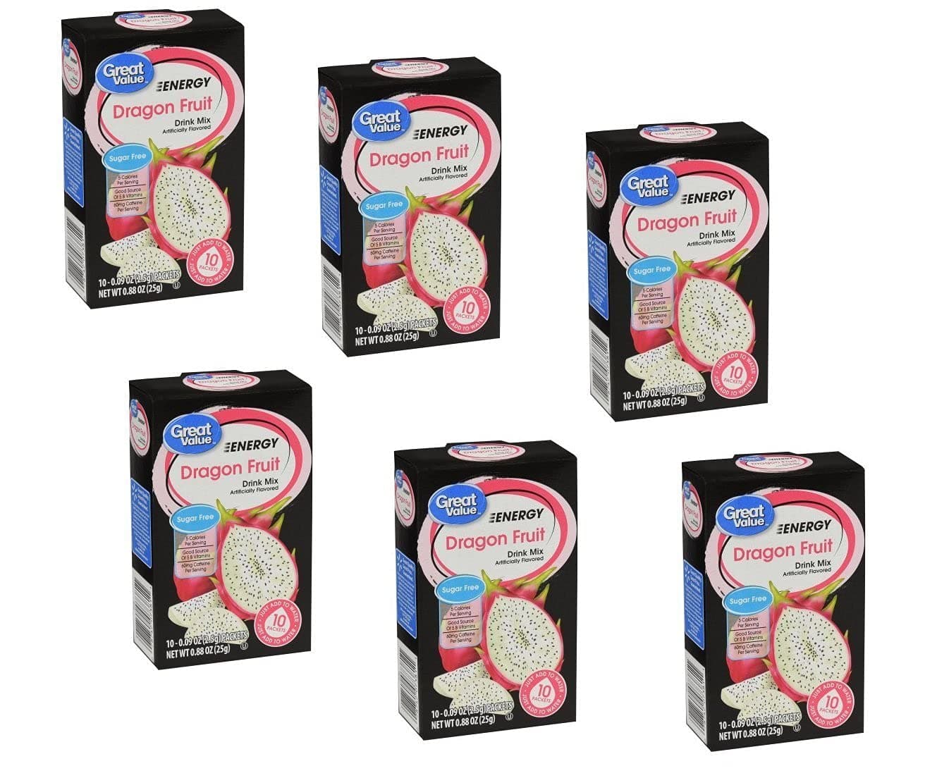 Great Value Sugar Free, Low Calorie ENERGY Dragon Fruit Drink Mix (Pack of 6) - SET OF 10