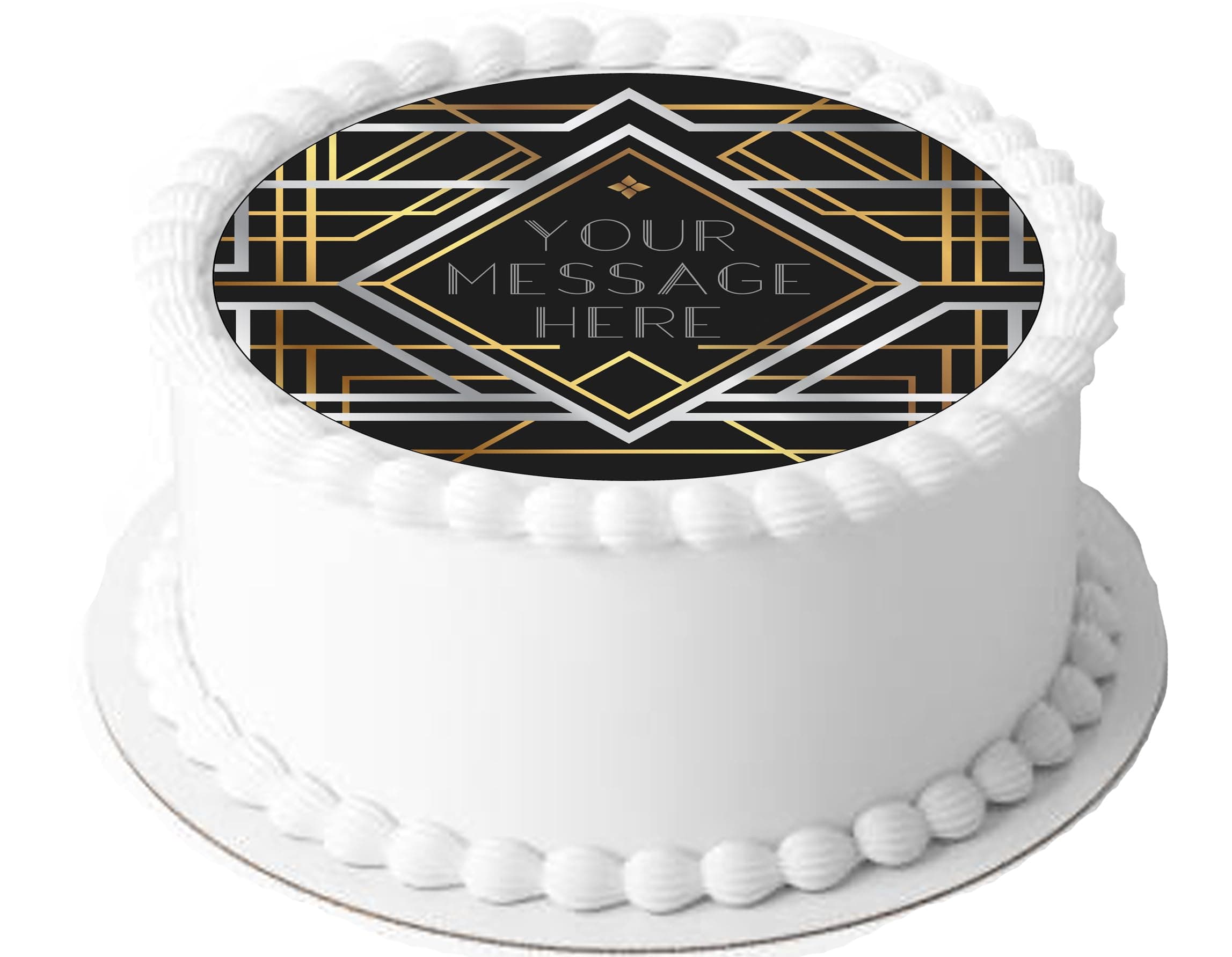 A4 Edible Decor Icing Sheet PERSONALISED Art Deco Black Gold Silver 7-8" Circle Cake Topper Decoration - Great for larger cakes