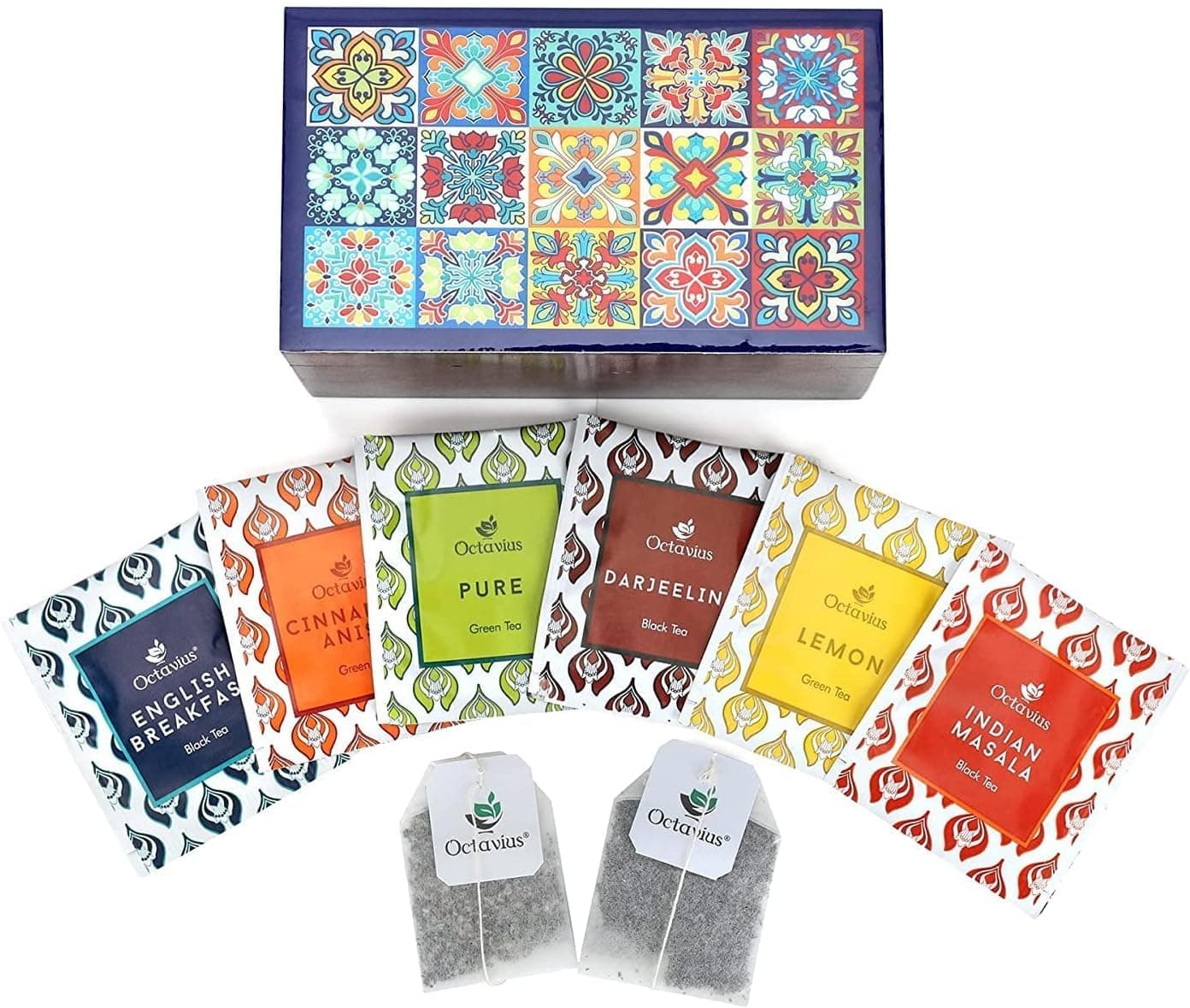 Octavius Tile Motif Wooden Tea Gift Box - 30 Assorted Tea Bags | Black & Green Sampler | Premium Assorted Tea Gift Set | Luxury Box for Gifting.