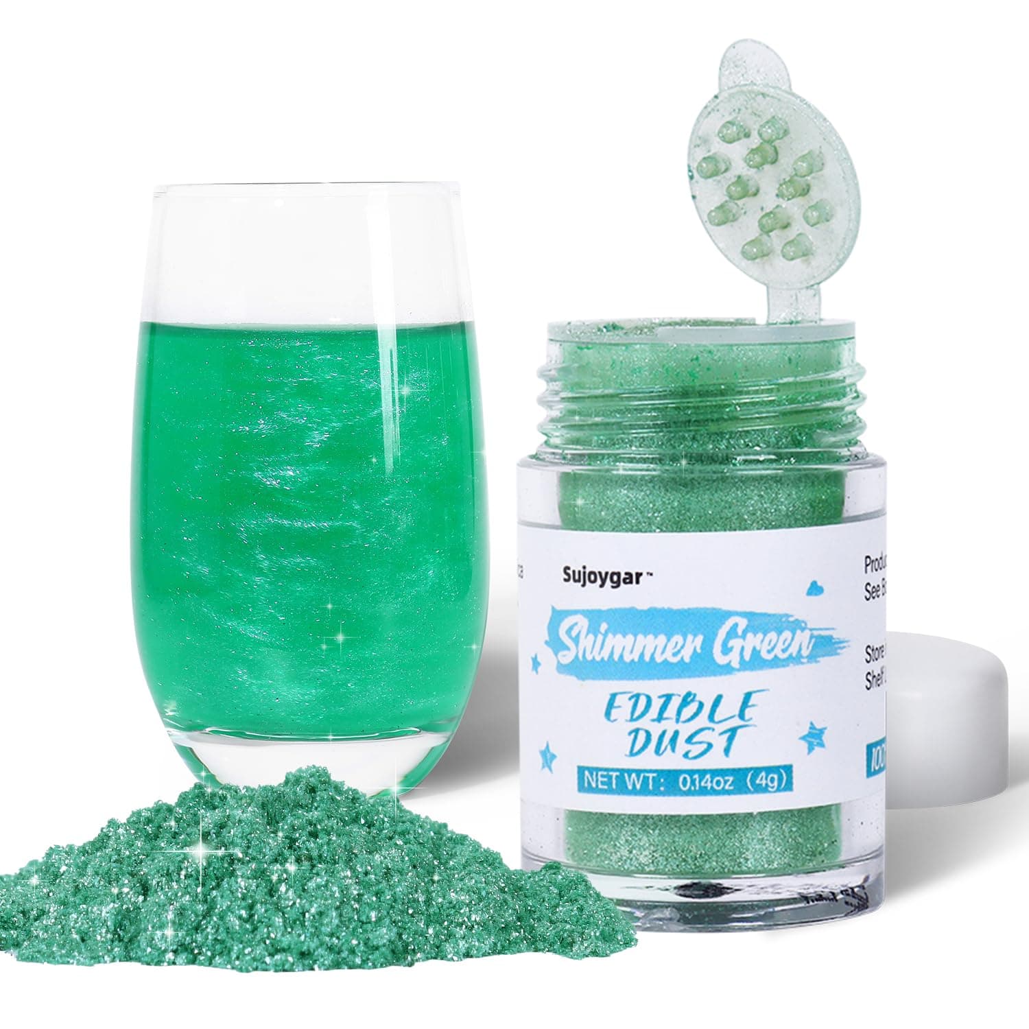 Shimmer Green Edible Glitter for Drinks, 4 Grams, Sujoygar Luster Dust for Cocktails, Cake Decorating, Food Grade, Dessert Dusting Powders, Baking, Chocolates
