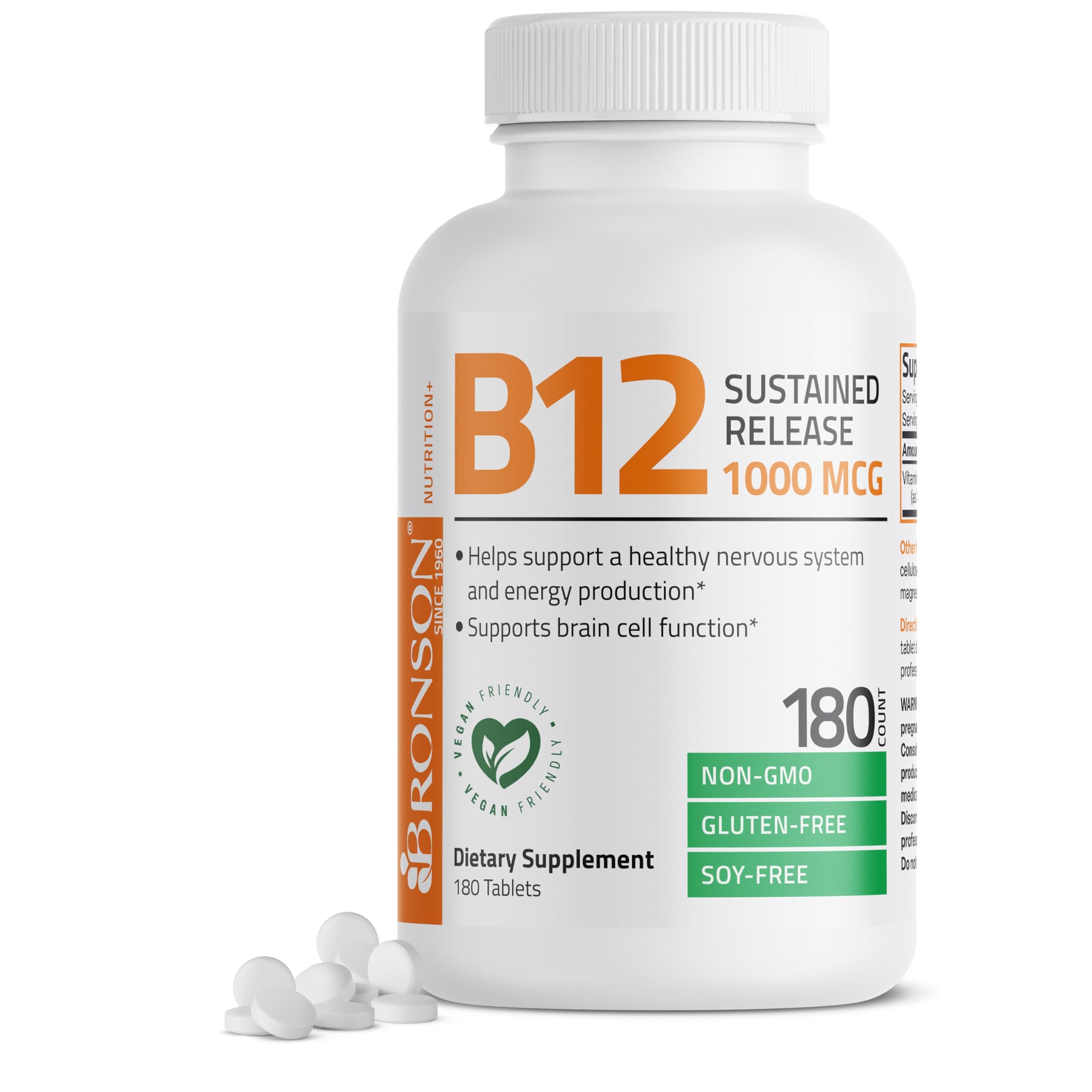 Vitamin B12 1000 mcg Sustained Release Premium Non GMO Tablets Supports Nervous System, Healthy Brain Function and Energy Production, 180 Tablets