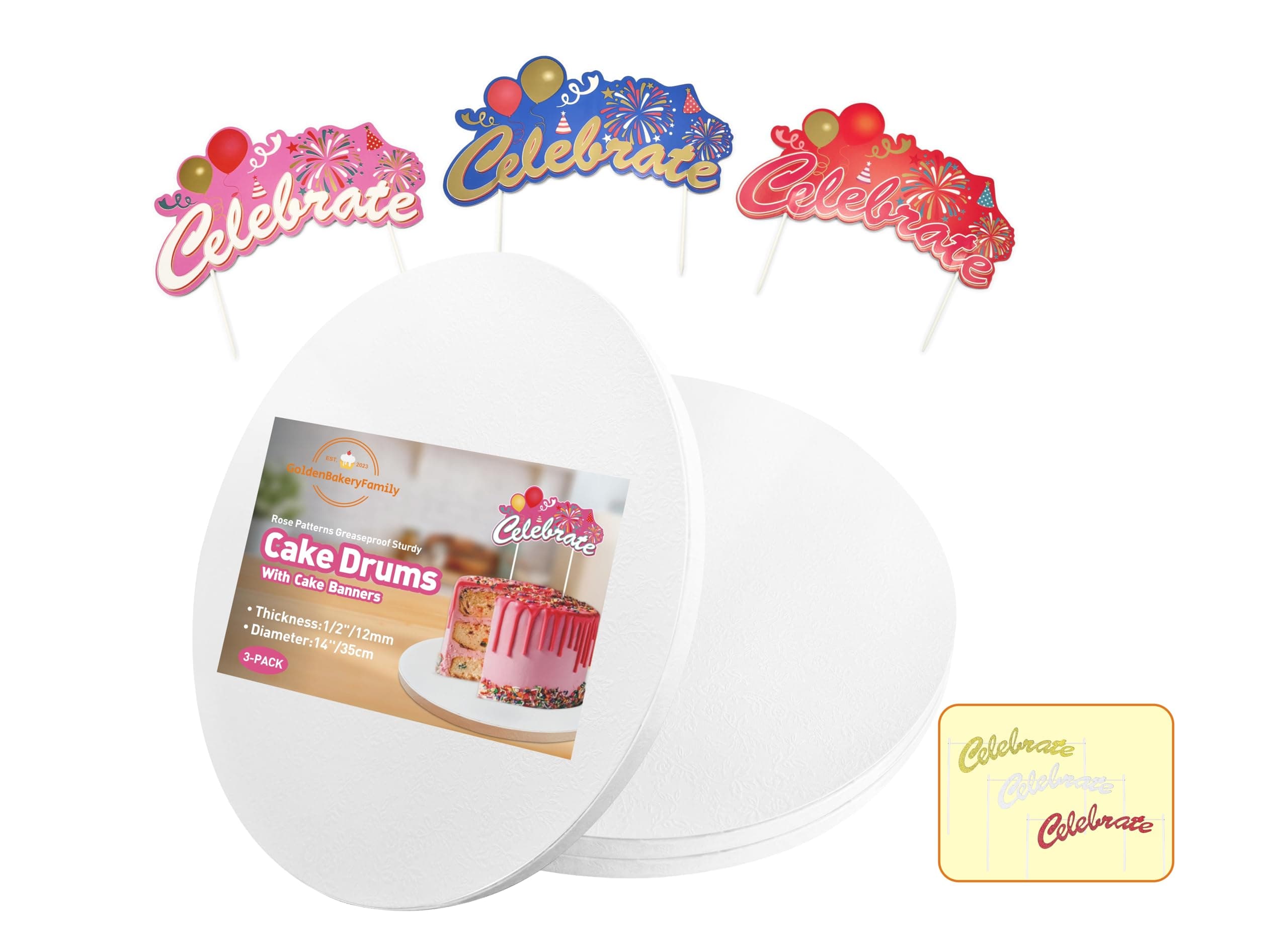 14 Inch Cake Drums with Banner Cake Topper-Cake Board Round White(3-Pack) 1/2 Inch Thick Cake Boards Sturdy, Greaseproof for Birthday Wedding Multi-Tiered Party Cake Boards