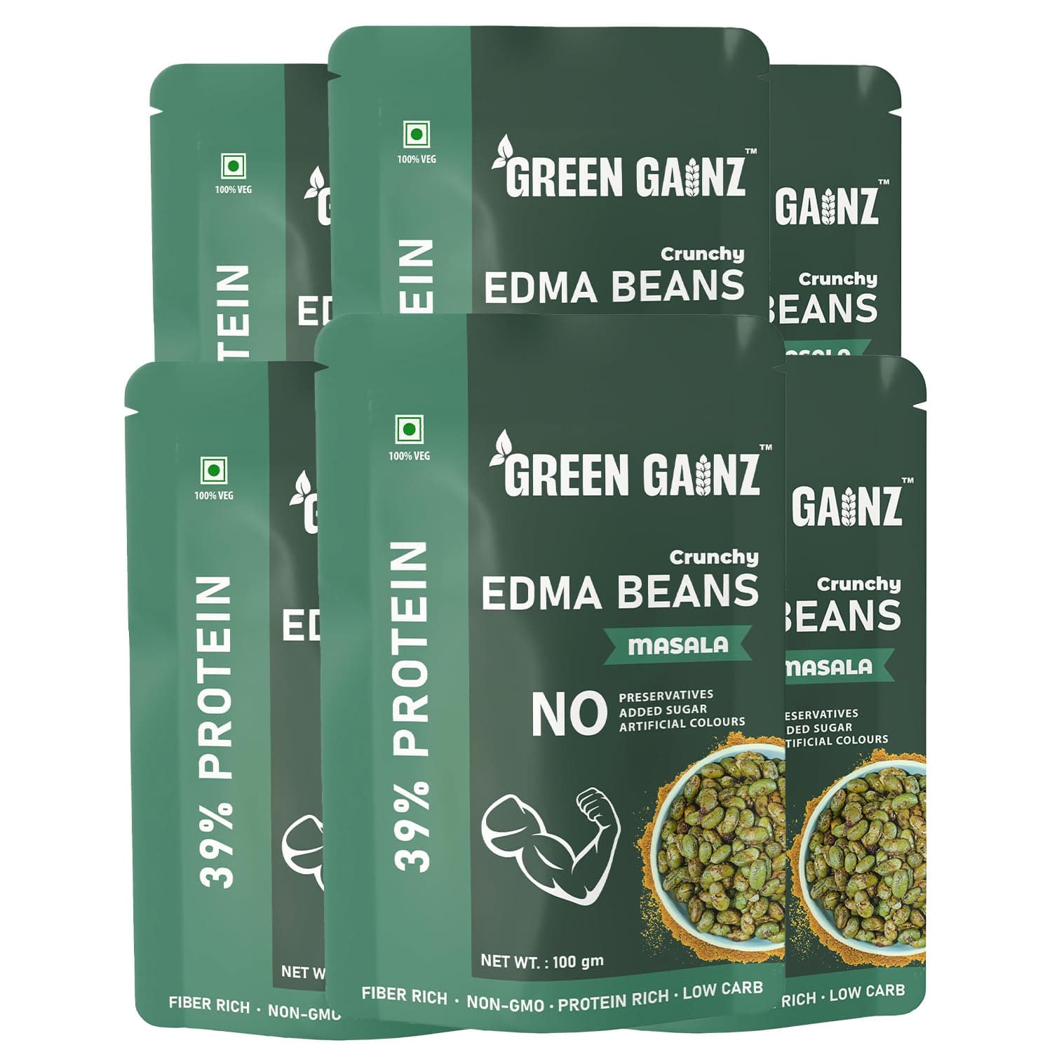 Green Gainz Roasted Edma Beans (Edamame) Masala Flavour (pack of 6-100gm each) |100% Veg High Protein Snack | No Added Sugar | Non-GMO | Rich in Fiber | No Gluten