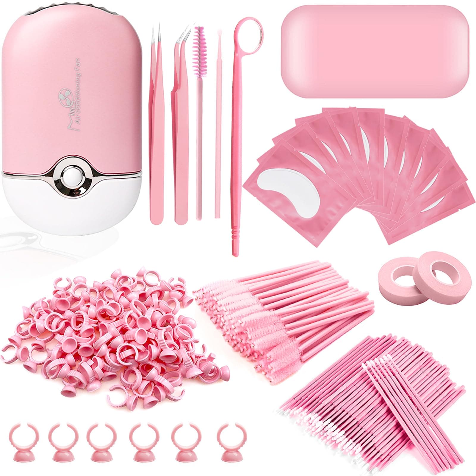 Eyelash Extension Supplies Lash Extension Kit USB Air Conditioning Blower,Silicone Pad,Under Eye Gel Pads,Mini Makeup Mirror,Tapes,Tweezers,Glue Rings,Eyelash Brushes,Mini Applicator