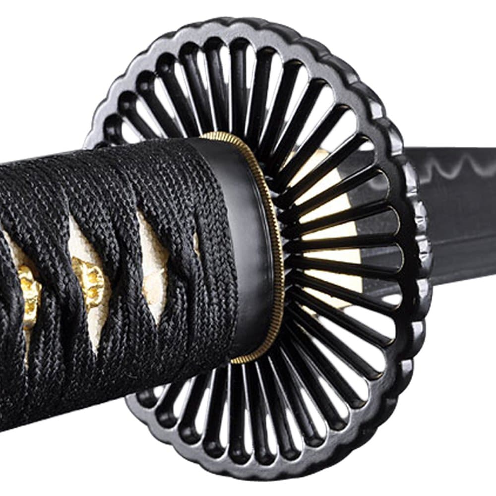 Handmade Sword - Fully Functional Japanese Samurai Wakizashi Sword, 1095 Carbon Steel, Clay Tempered, Full Tang, Sharp, Empire Wheel Tsuba, Black Scabbard, Certificate