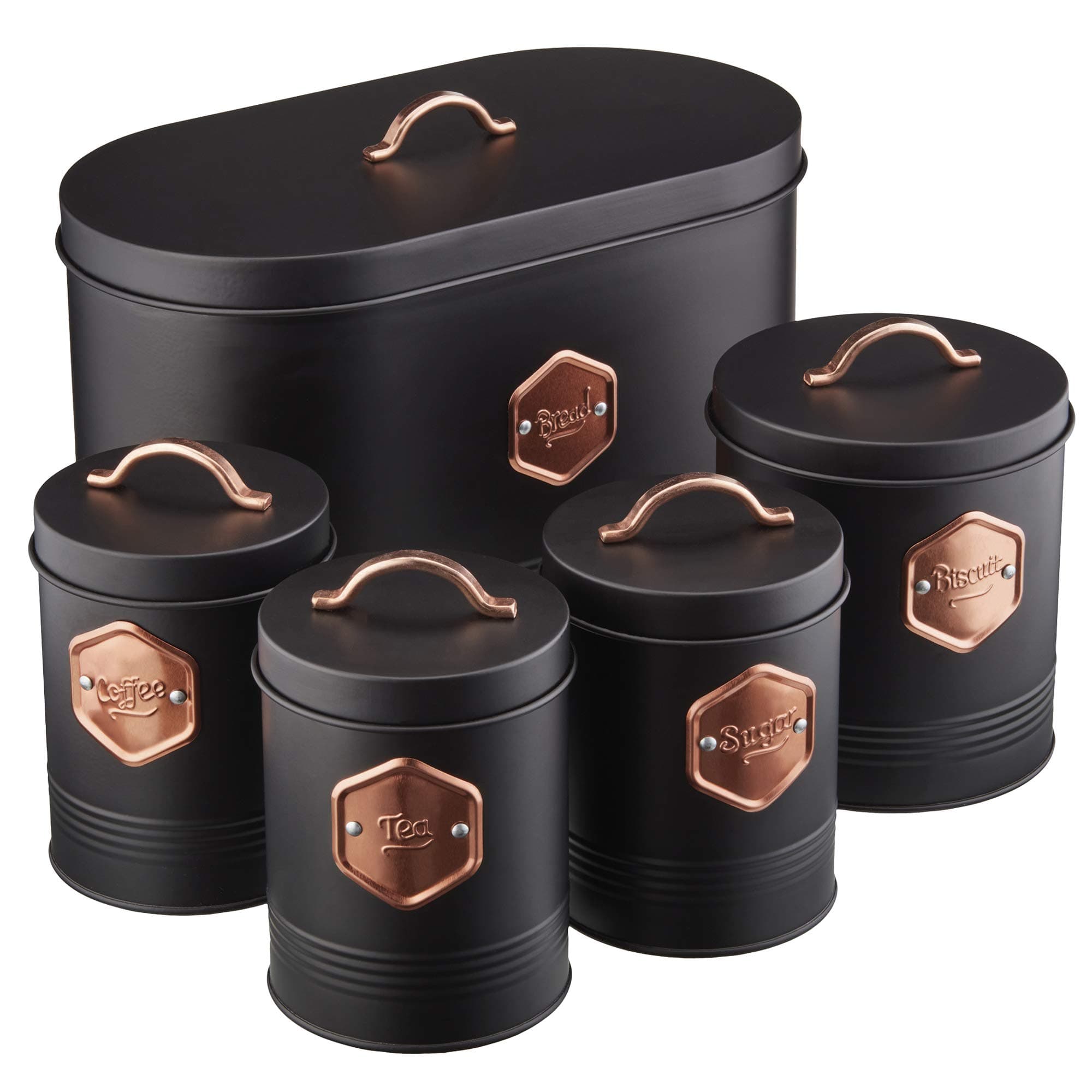 Cooks Professional Kitchen Storage Canister Set 5 Piece Tin Containers for Tea, Coffee, Sugar, Biscuits & Bread with Copper Detailing (Black/Copper)
