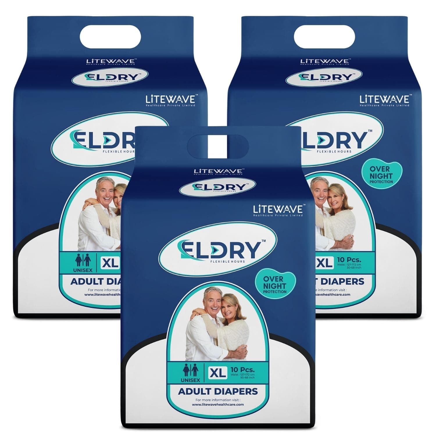 Eldry Adult Diaper, Tape Style, Extra Large (XL) Size, 30 Count, Unisex, Waist Size (50-68 Inch | 127-172 cm), Super Absorbent Core, Wetness Indicator, Overnight Protection, Pack of 3