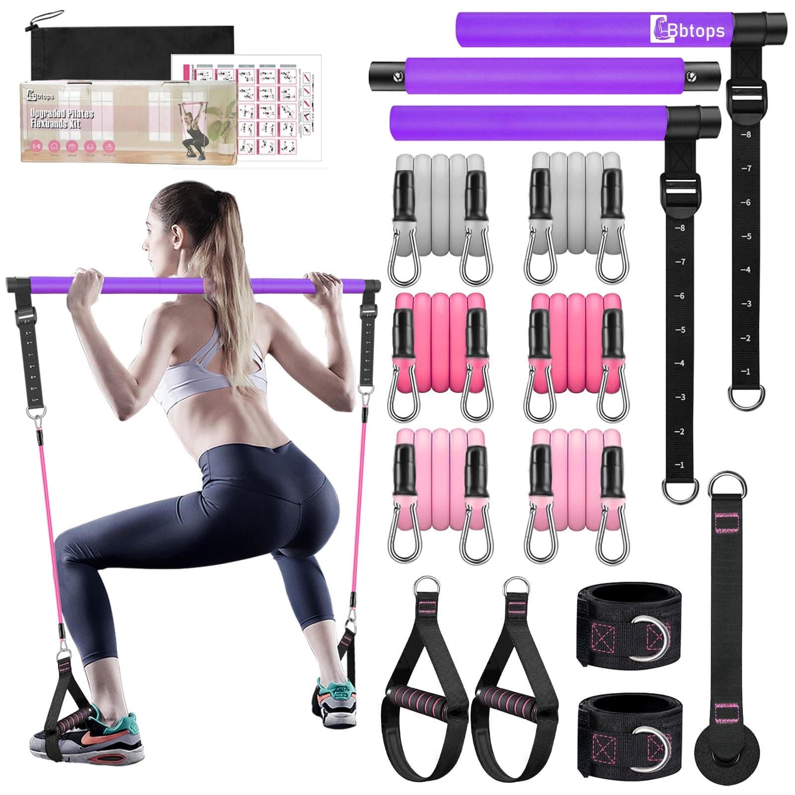 Pilates Bar Kit with Resistance Bands,Pilates Bar with Stackable Bands Workout Equipment for Legs,Hip,Waist and Arm,Exercise Fitness Equipment for Women & Men Home Gym Yoga Pilates