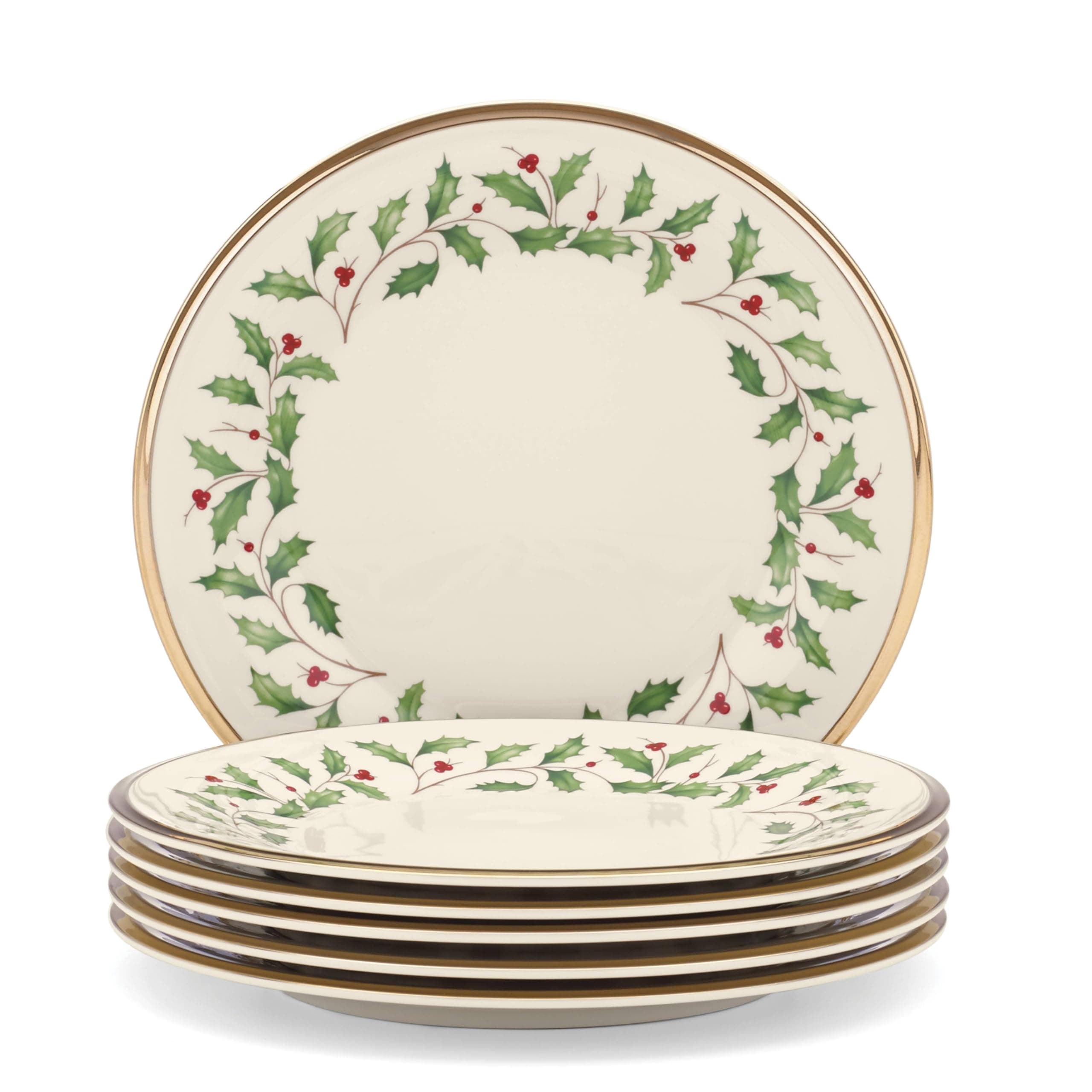 Lenox Holiday 6-Piece Salad Plates Dinnerware Set, Service For 6, Porcelain, Dishwasher Safe, Round Plates Set, Ivory Red & Green, Perfect for Gatherings, Hosting, Christmas Dinnerware (Ivory 6 Piece)
