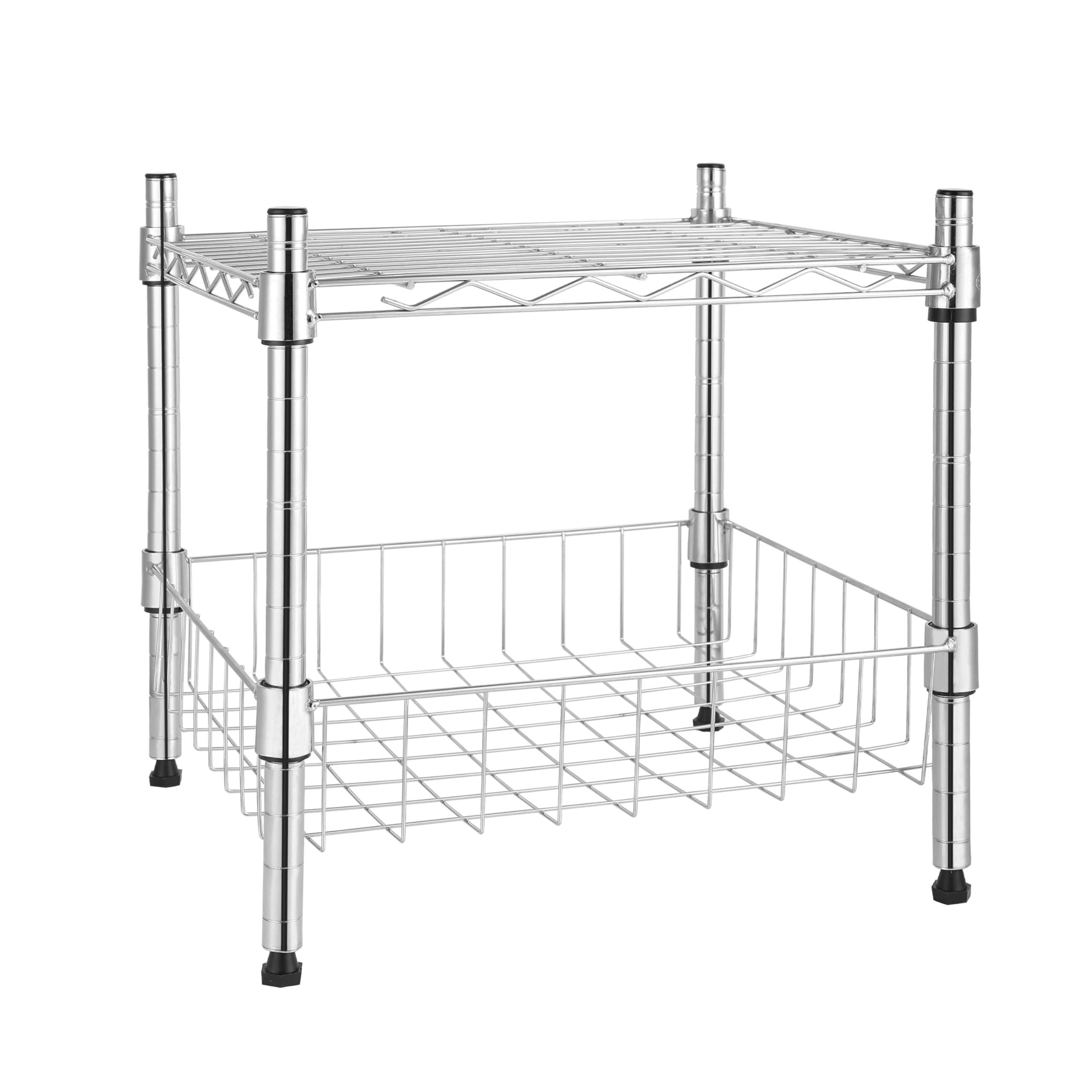 YSSOA2-Tier Shelving Unit, 15" W x 13.8" D x 15" H Wire Metal Stackable Storage with Basket, ChromeRecycled Claim Standard 100