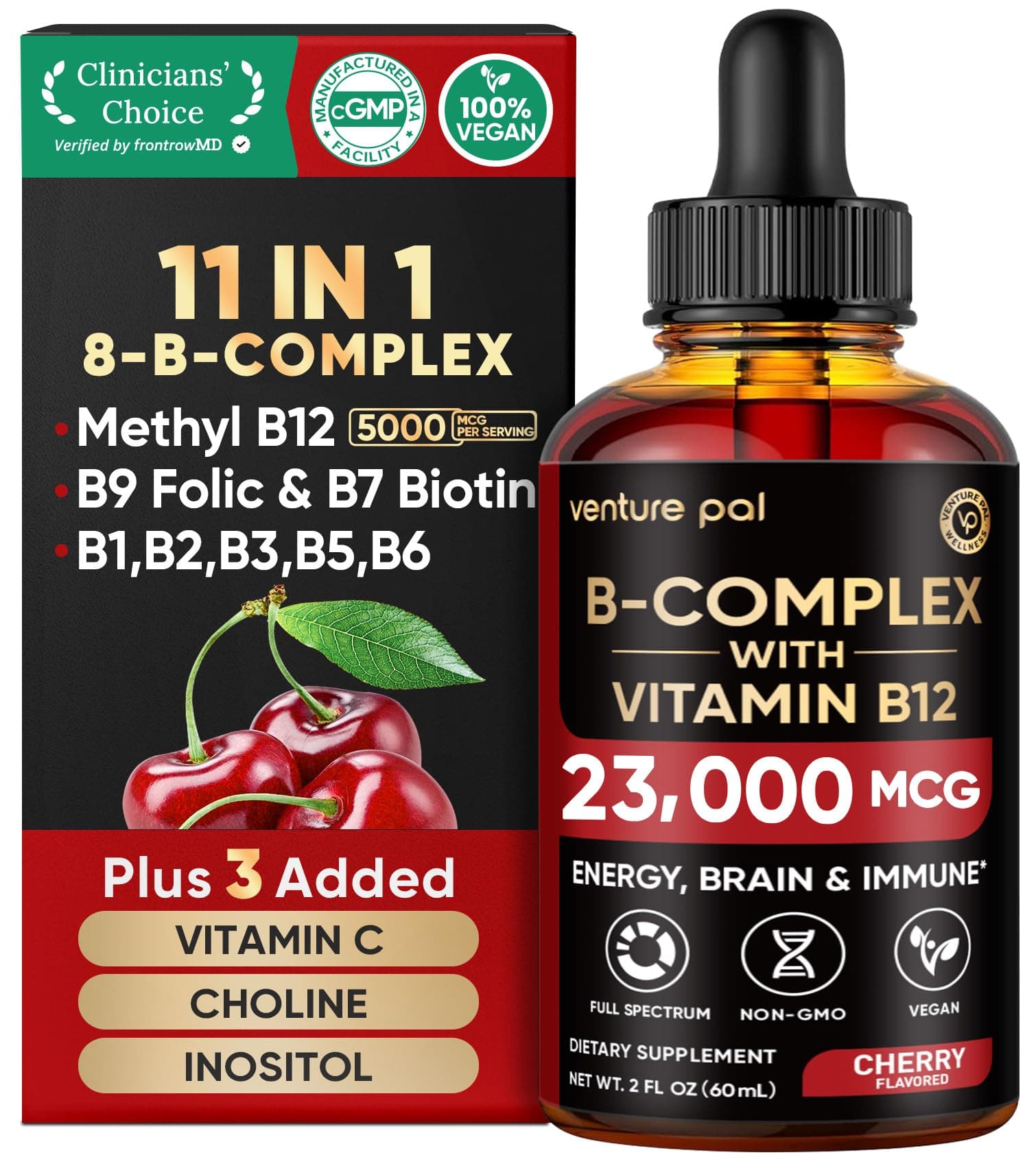 Vitamin B Complex Liquid Drops, B12 Methylcobalamin | B9 Folic | B1,B2,B3,B5,B6,B14 - Vitamin C, Choline, Inositol, Immune & Energy Metabolism, Brain & Heart Support