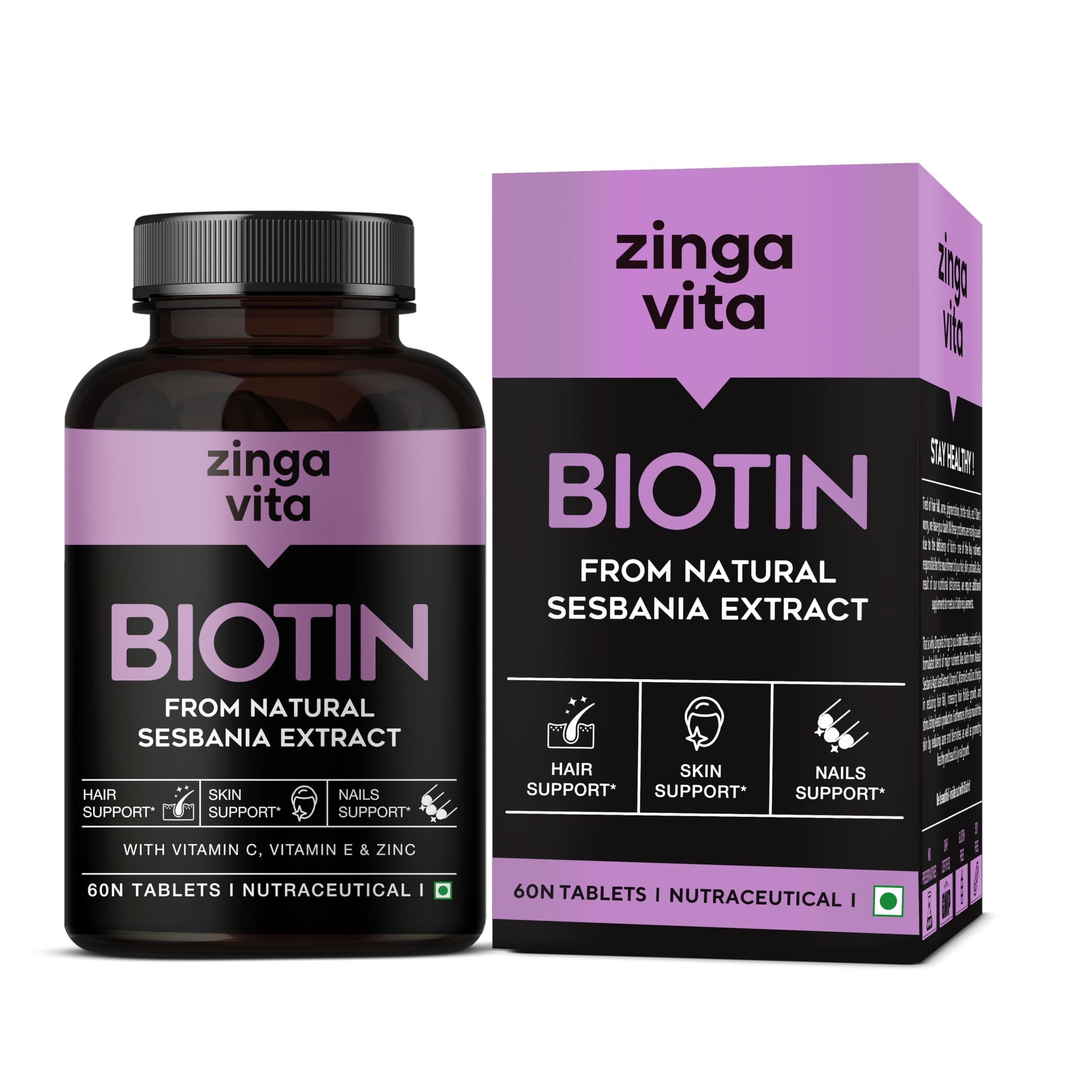Zingavita Advanced Biotin Tablets | Boosts Keratin Production, Reduce Hair Fall and Promote Hair Growth with Natural Sesbania Agati Leaf Extract & Hair Vitamins (Biotin, Vitamin C, Vitamin E & Zinc) for Healthy Hair, Skin & Nails For Both Men & Women (60 Tablets)