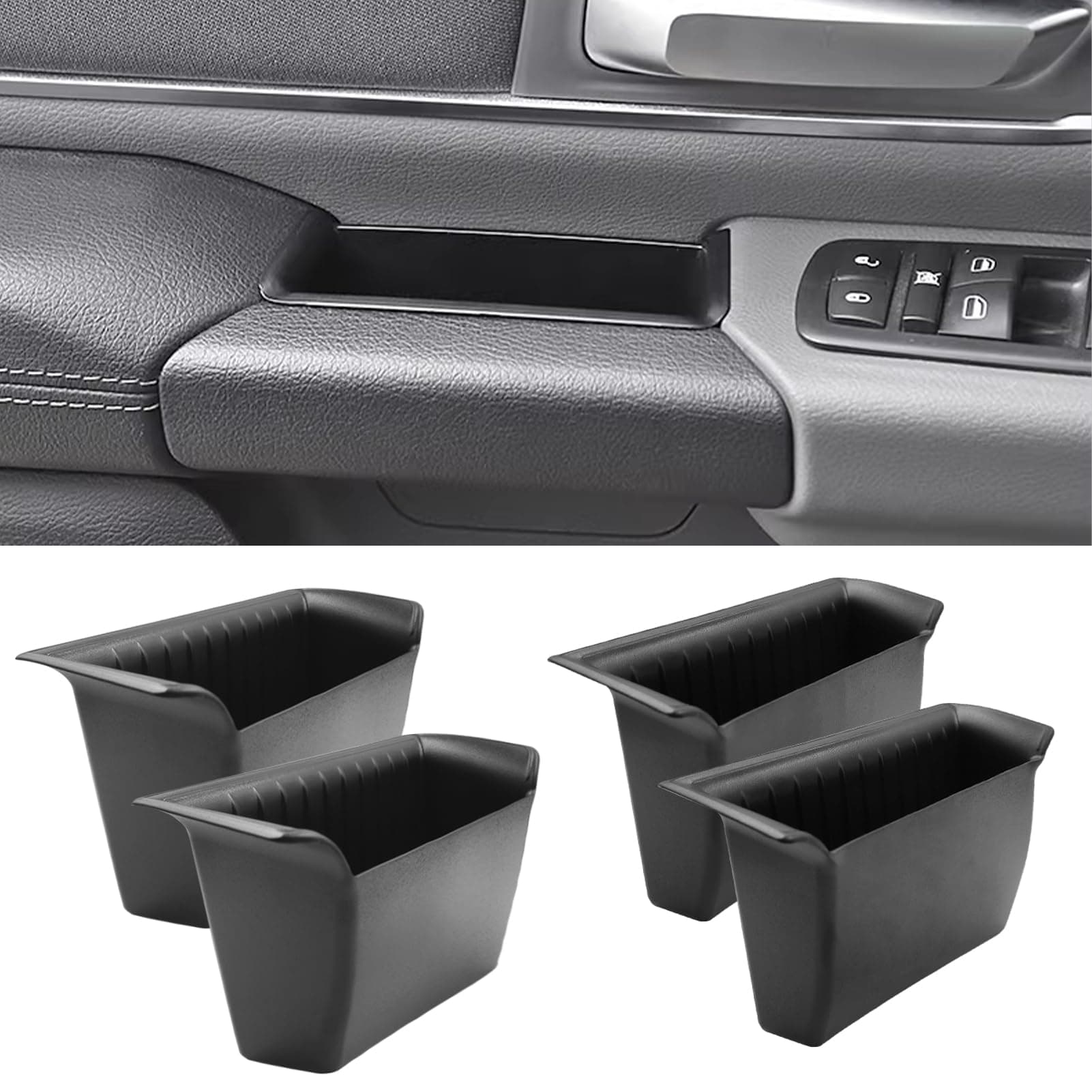 TTCR-II for Ram 1500 Door Side Organizer Tray 2019 2020 2021 2022 2023 2024 2025 2026, for Ram 1500 Door Pocket Insert 4 Pcs with White-Lines Mats (Does not fit 2500 3500)