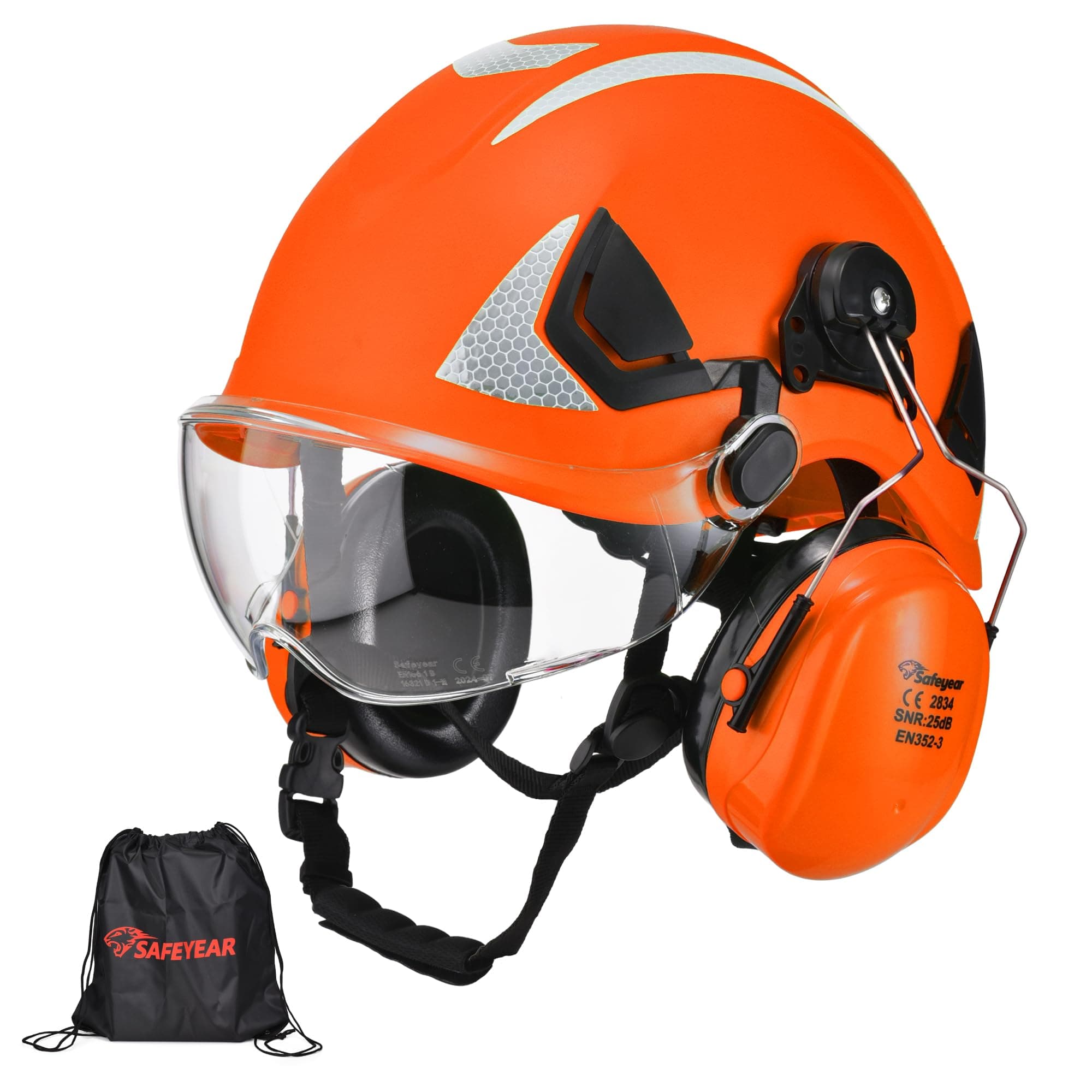 Safety Hard Hat with Anti-scratch Glasses, Earmuffs, CE EN397 Safety Helmets with Chin Strap Light Reflective Ventilated ABS Hard Hats for Industrial Workers 6-Point Suspension