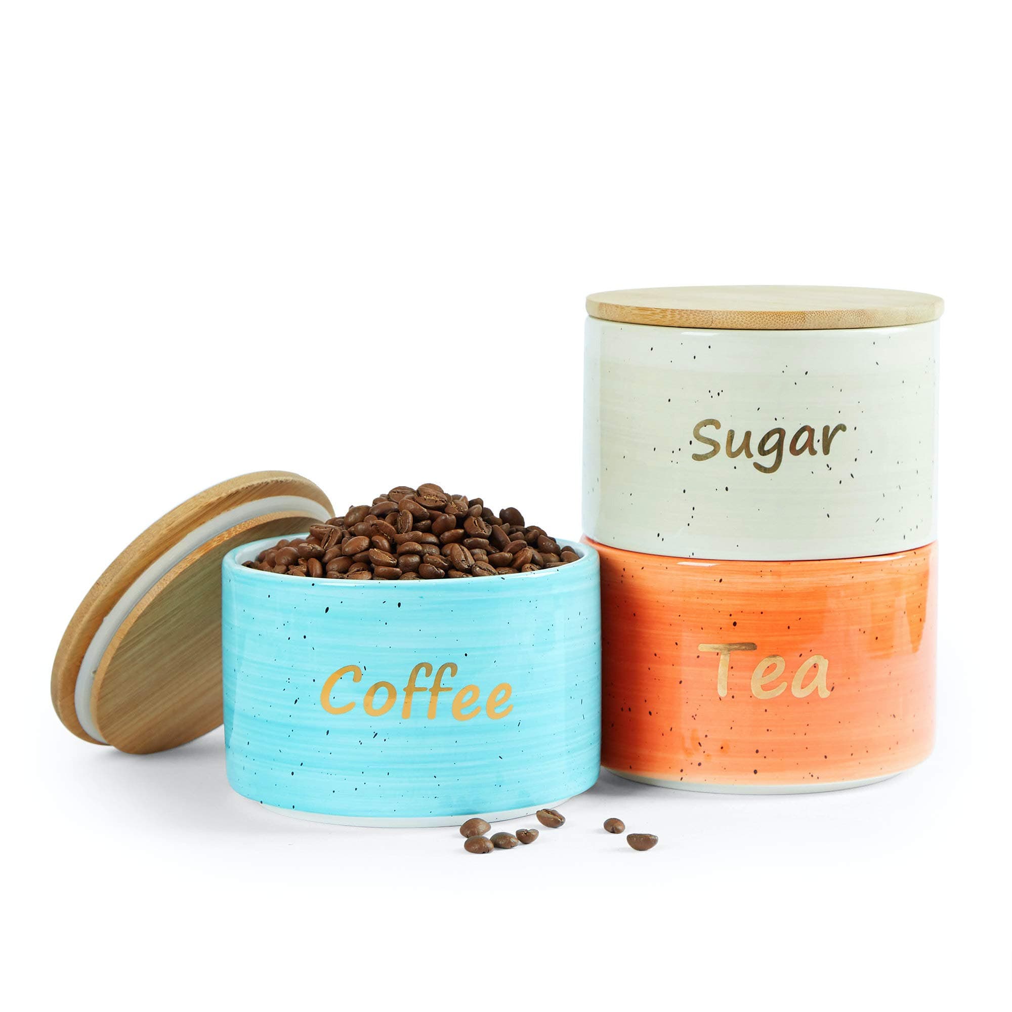 Uno Casa Ceramic Kitchen Canister Set with Airtight Lid - 3 Piece for Coffee Tea Sugar - 28 oz