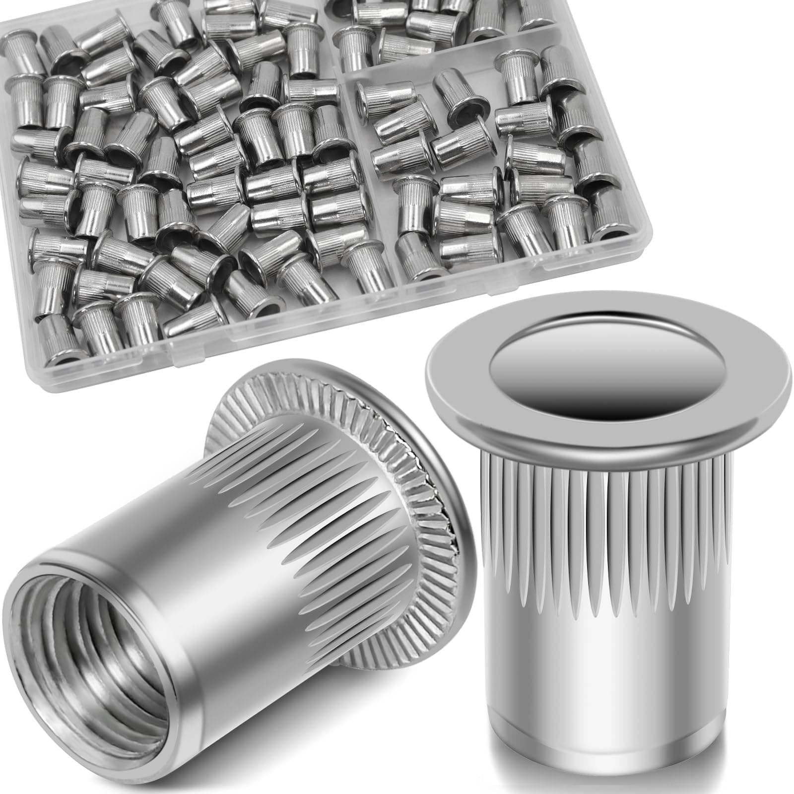 1/4''-20 UNC Rivet Nut, 88Pcs 304 Stainless Steel Flat Head Rivnut Threaded Insert Nutsert