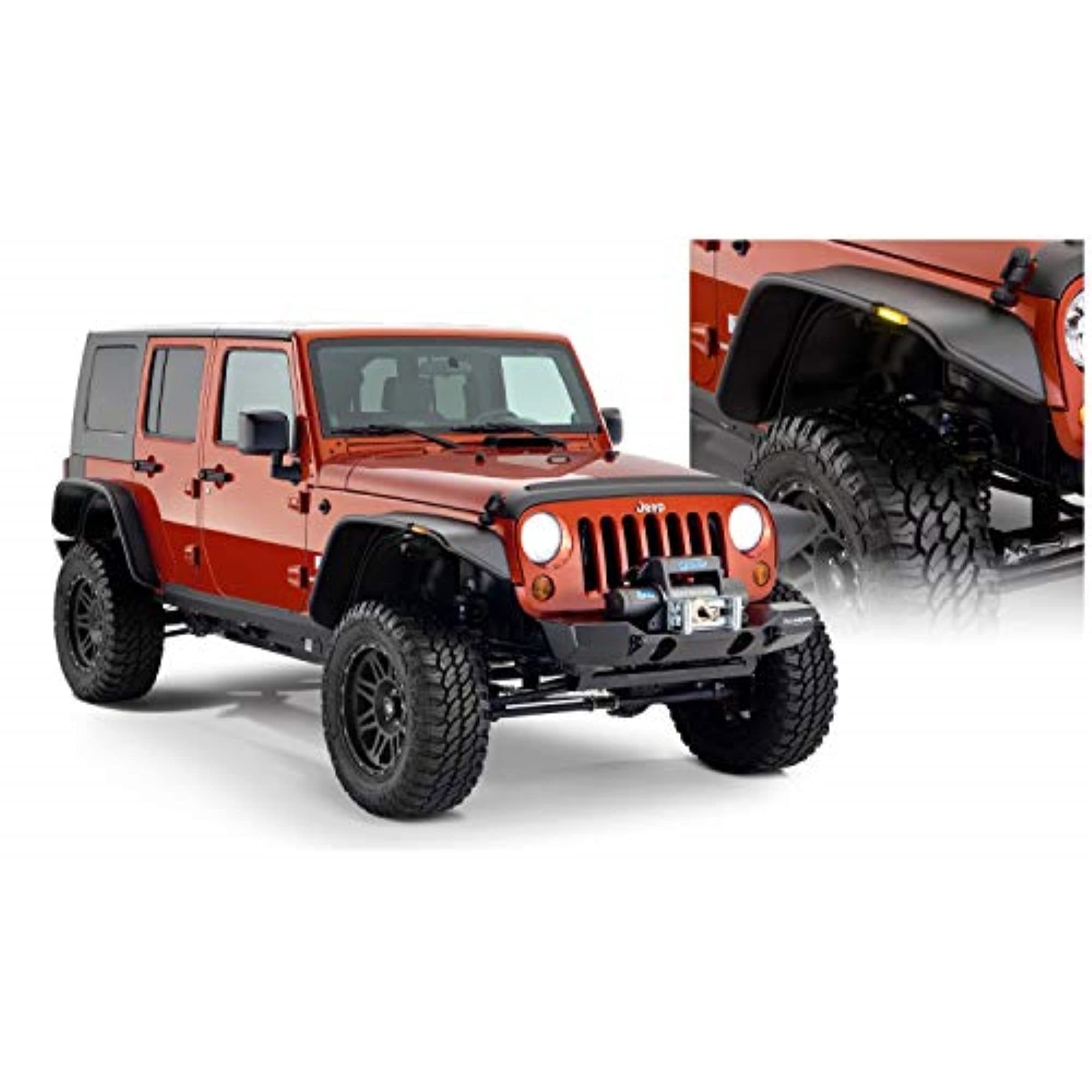 Bushwacker Jeep Flat Style Front & Rear Fender Flares | 4-Piece Set, Black, Textured Finish | 10918-07 | Fits 2007-2018 Jeep Wrangler JK Unlimited 4-Door